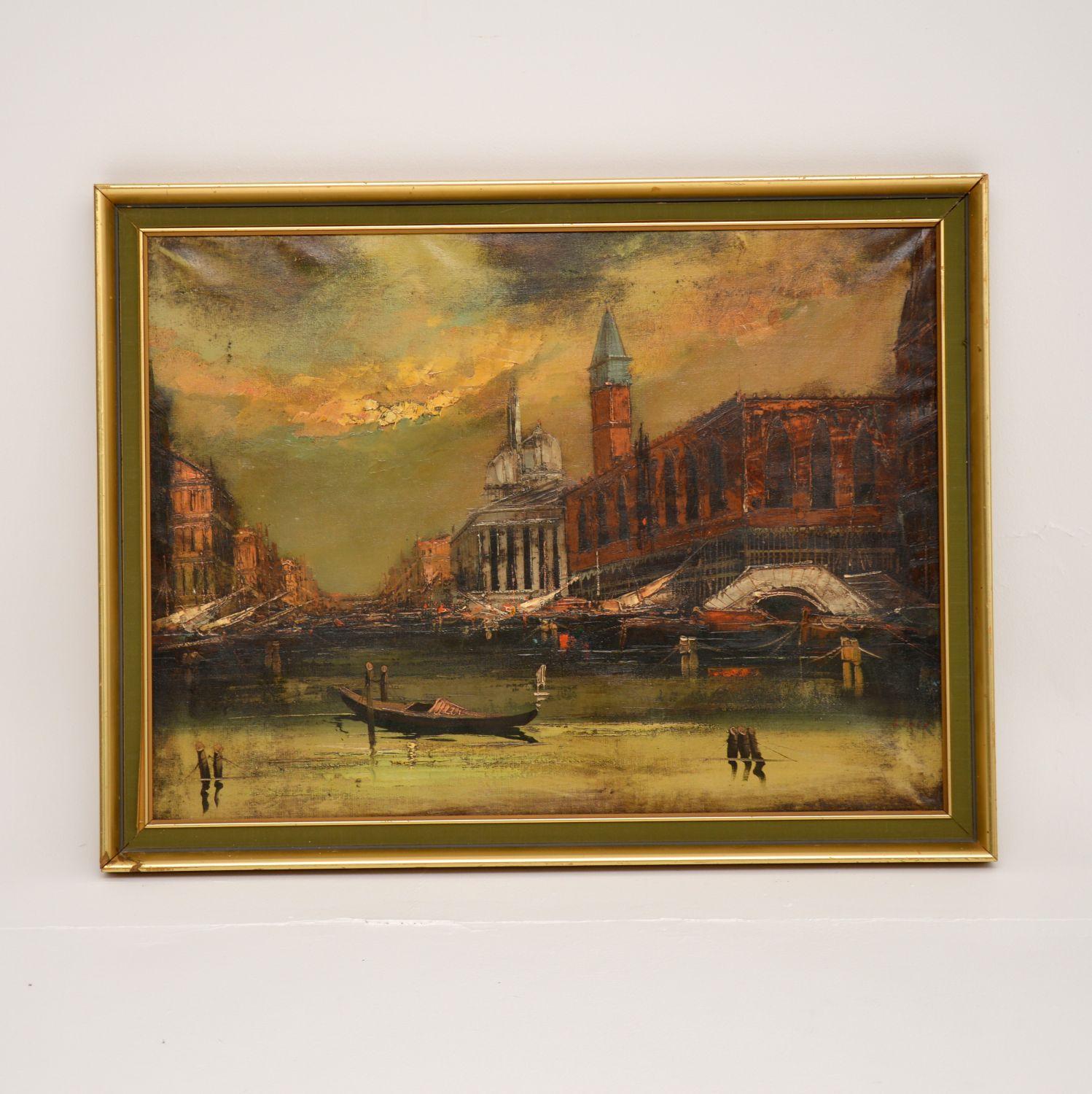 A stunning vintage oil painting depicting a landscape of what I think is Venice. I would date this to around the early-mid twentieth century.

It is beautifully executed and is a lovely size. The colour tones and techniques used are amazing, this