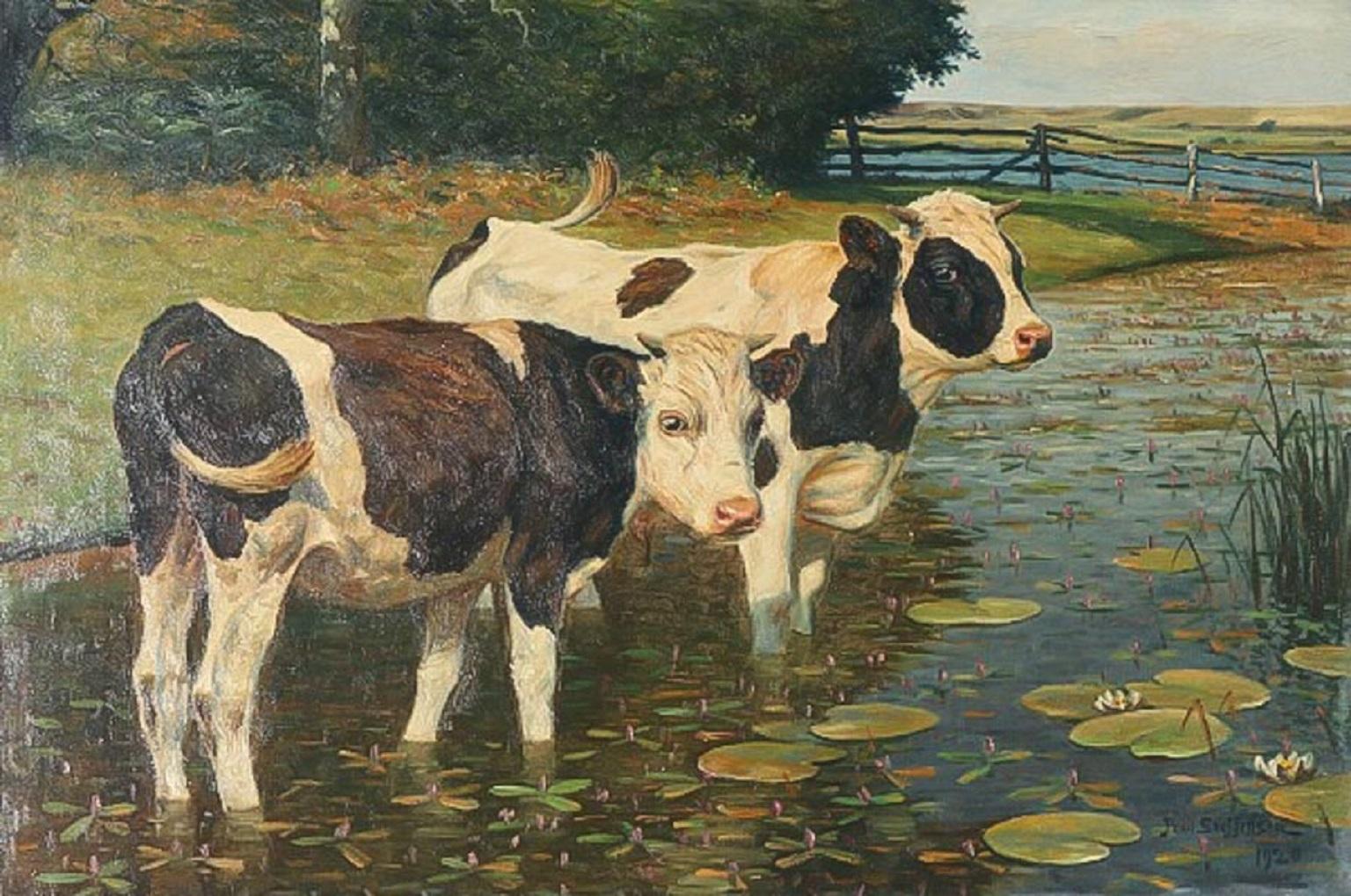 This delightful landscape oil on canvas painting depicts two black and white cows in a bucolic setting, standing in a pond surrounded by lily pads. It is not surprise that the painter is known for his realistic landscapes and animal paintings. Poul
