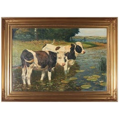 Antique Landscape Oil Painting with Cows by Poul Steffensen