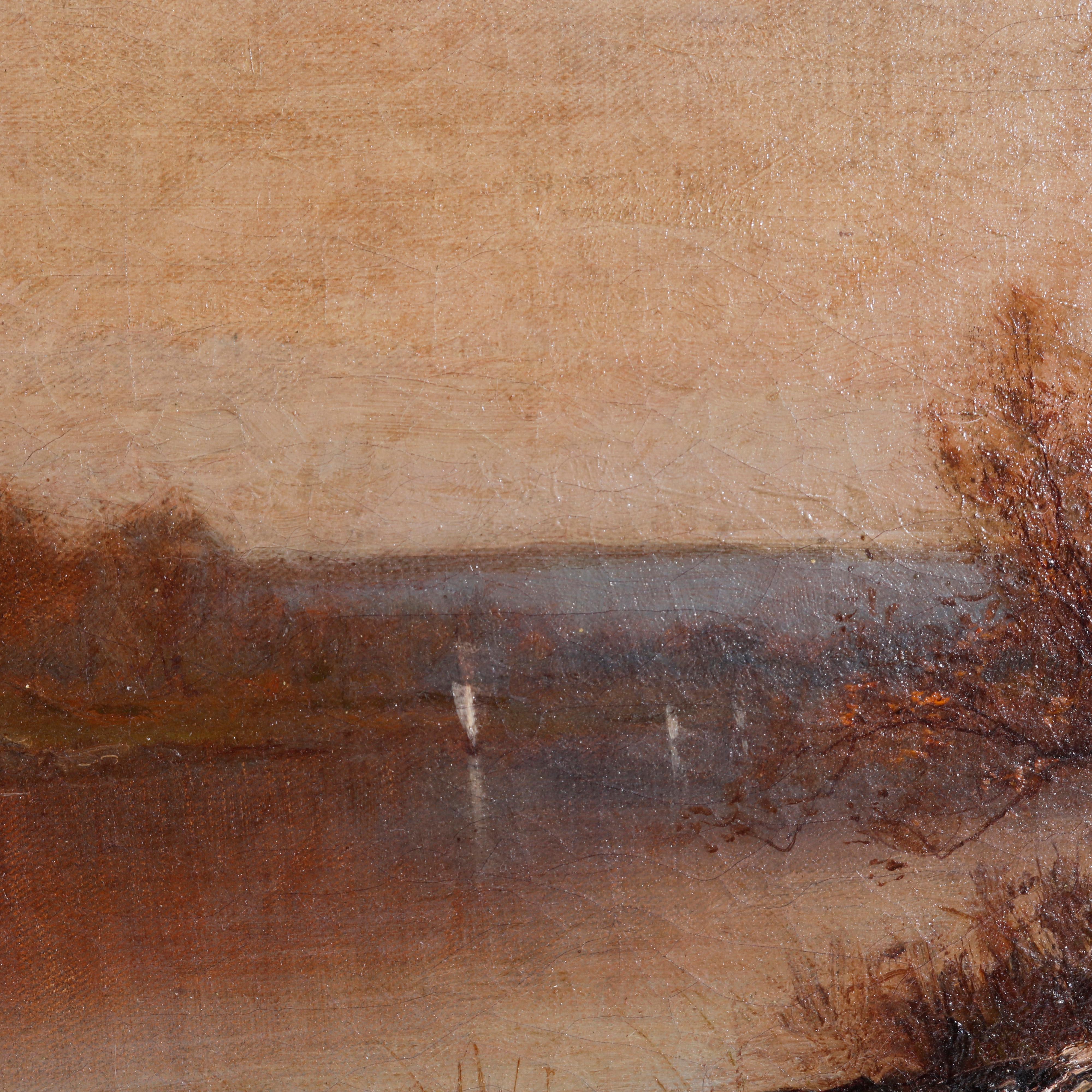 American Antique Landscape Painting, Autumn on the Patomac River, Signed Max Weyl, 19thC