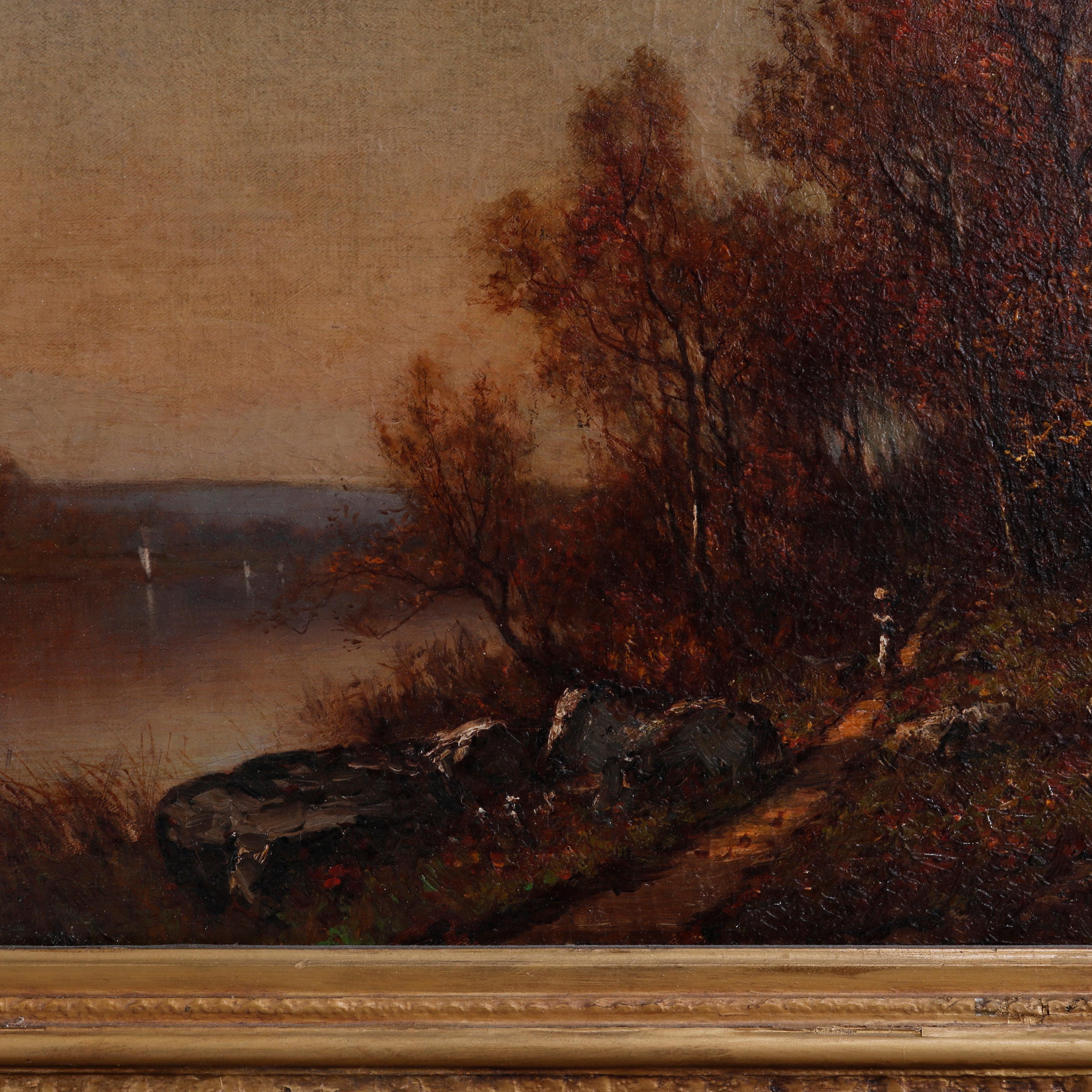 Antique Landscape Painting, Autumn on the Patomac River, Signed Max Weyl, 19thC In Good Condition In Big Flats, NY