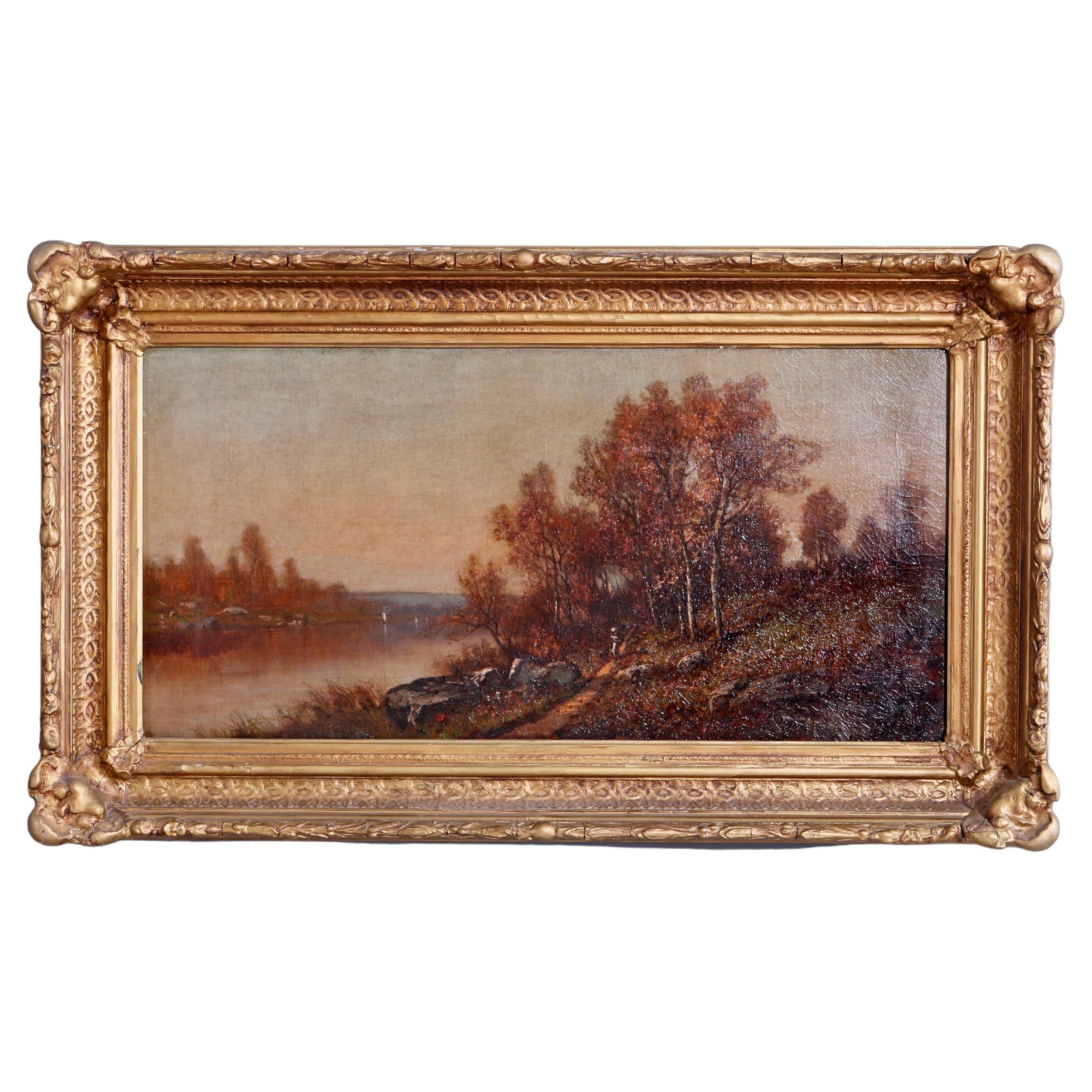 Antique Landscape Painting, Autumn on the Patomac River, Signed Max Weyl, 19thC