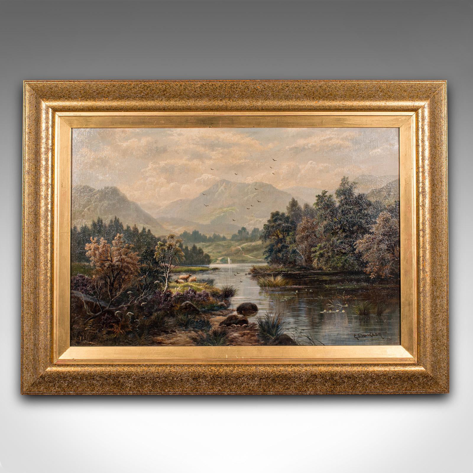 
This is an antique Scottish Highlands landscape painting. A British school, original oil on canvas signed G. Dawson, dating to the late Victorian period, circa 1900.

Signed G Dawson, this fine landscape in oil is undoubtedly of the British School,