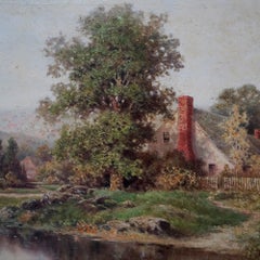 Antique Landscape Painting by M. Howell, Cottage Scene, c1900