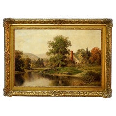 Antique Landscape Painting by M. Howell, Cottage Scene, c1900