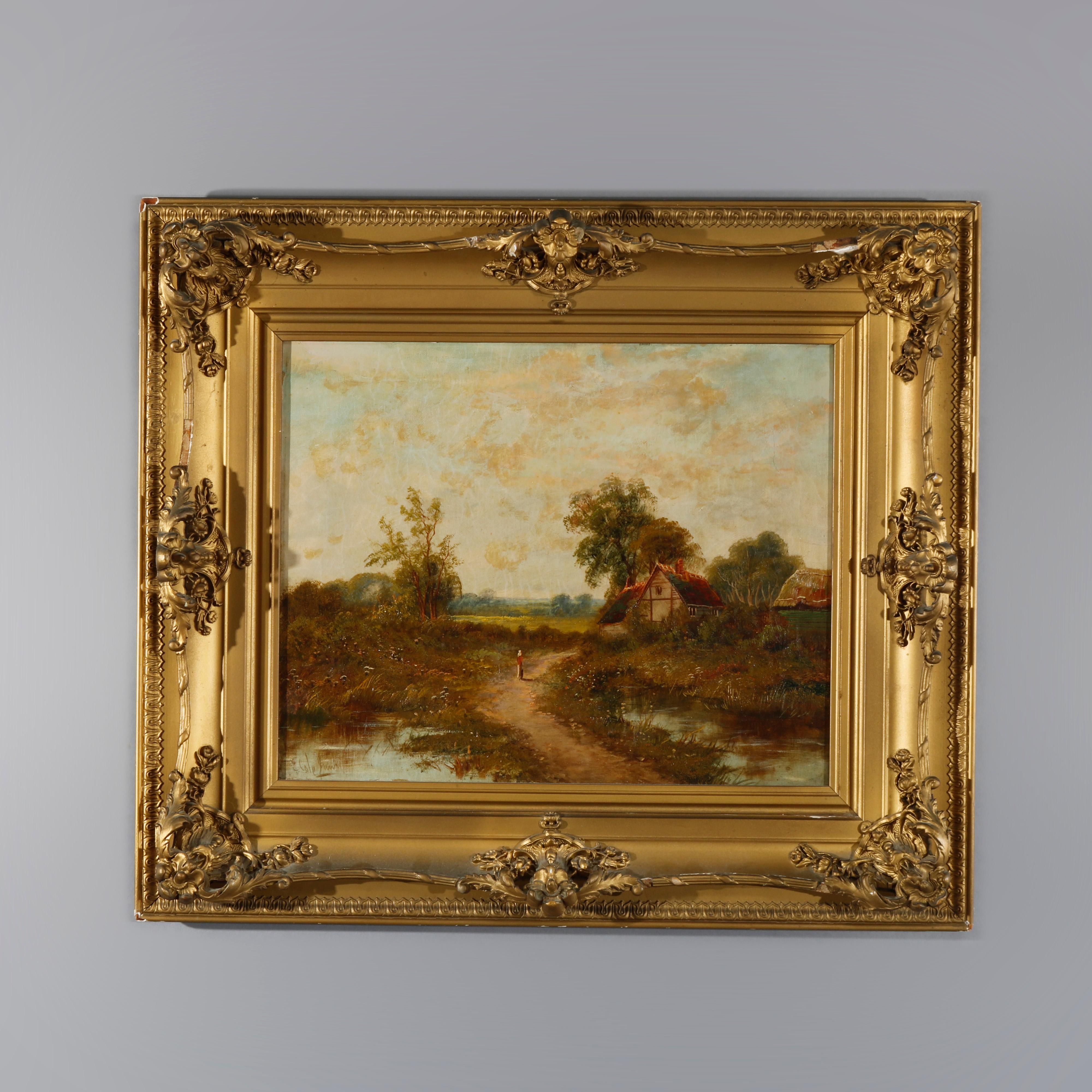 An antique Continental painting offers oil on canvas landscape scene by E. Cole with lake, cottage and figure on a path, artist signed lower left, seated in giltwood frame, 19th century

Measures - overall 25.75'' H X 29.75'' W X 3.75'' D; sight