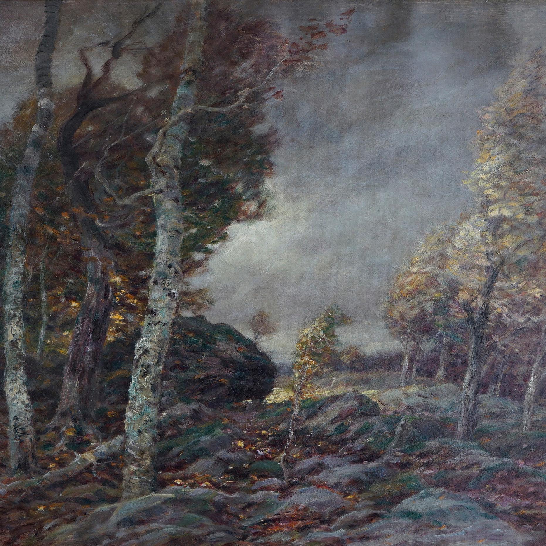 An antique landscape painting by John Semon offers oil on canvas forest interior scene, artist signed as photographed, seated in giltwood frame, c1900

Measures- 28''H x 22.25''W x 2''D

Historical Note:
SEMON, JOHN (22 Feb. 1852-14 Dec. 1917)