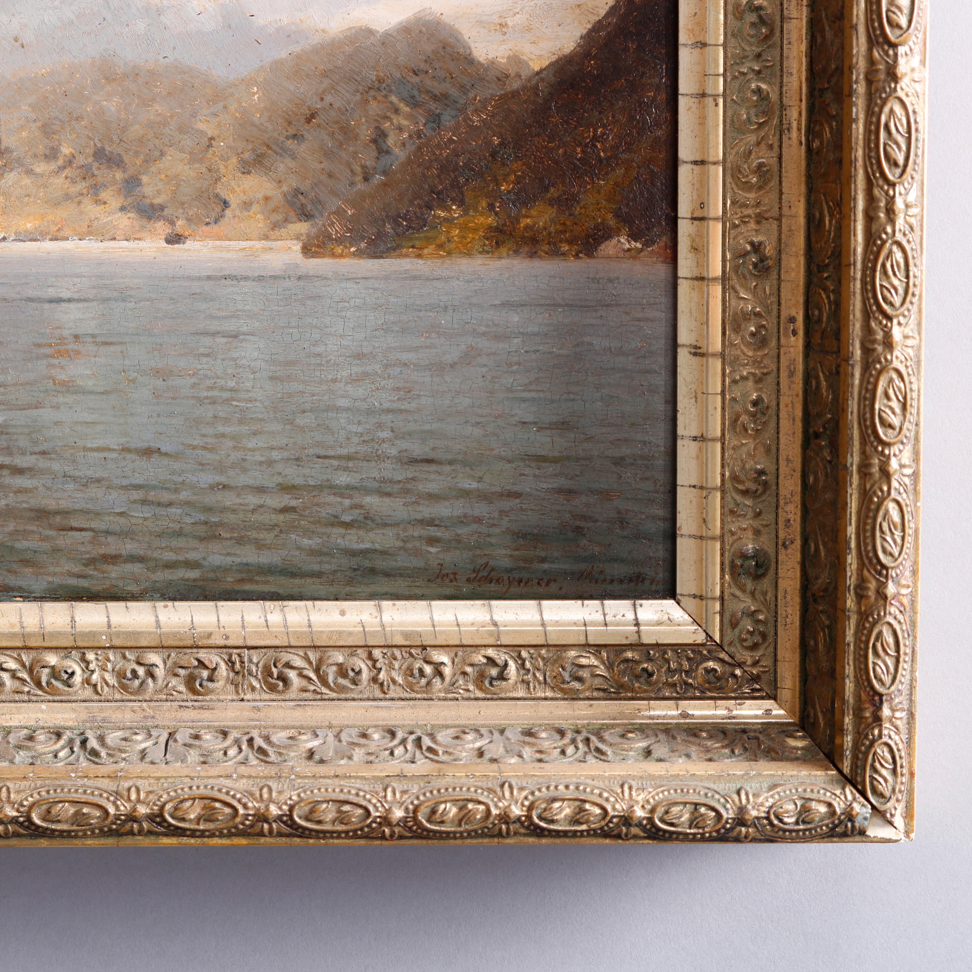 Antique Landscape Painting of Lake by Josef Schoyerer, 19th C 6