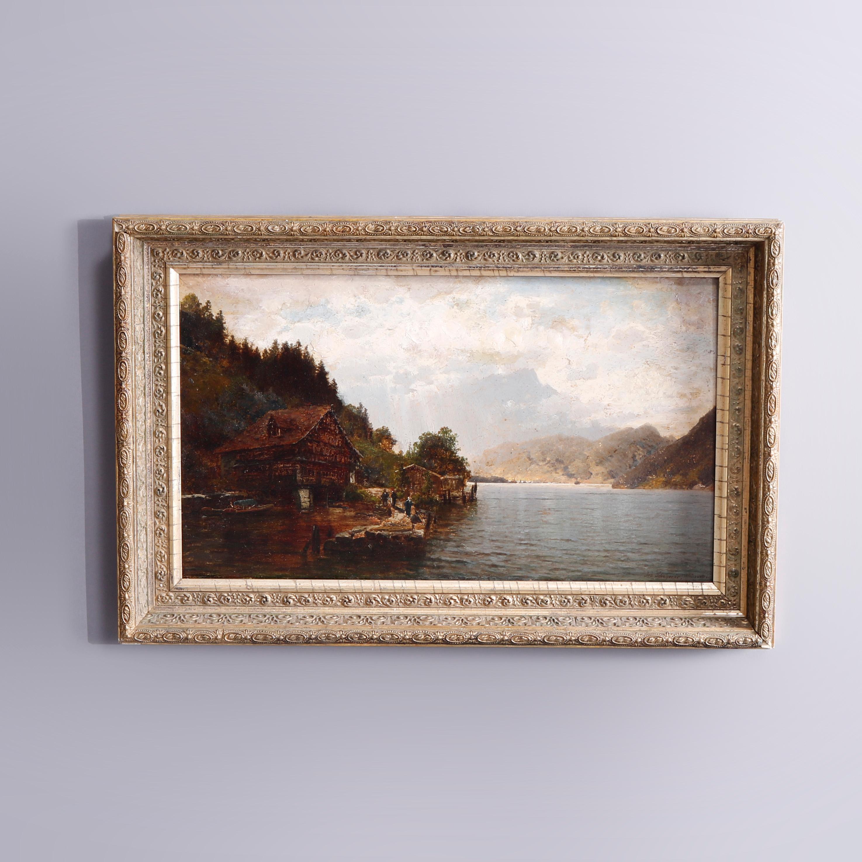 An antique German painting by Josef Schoyerer offers oil on board lakeside scene with structure, boats and figures, artist signed lower right, seated in giltwood frame, 19th century. Josef Schoyerer (1844-1923), Munich landscape