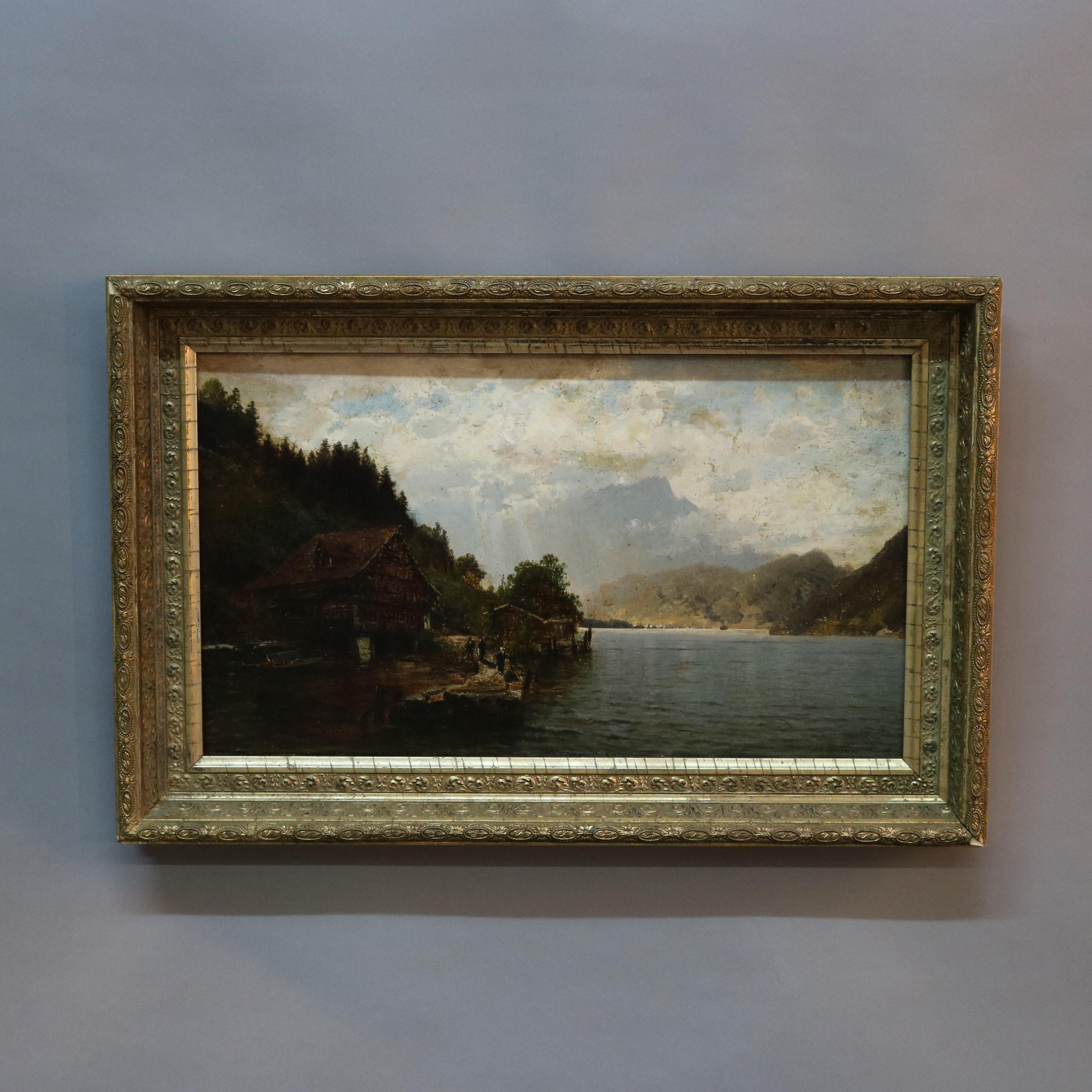 German Antique Landscape Painting of Lake by Josef Schoyerer, 19th C