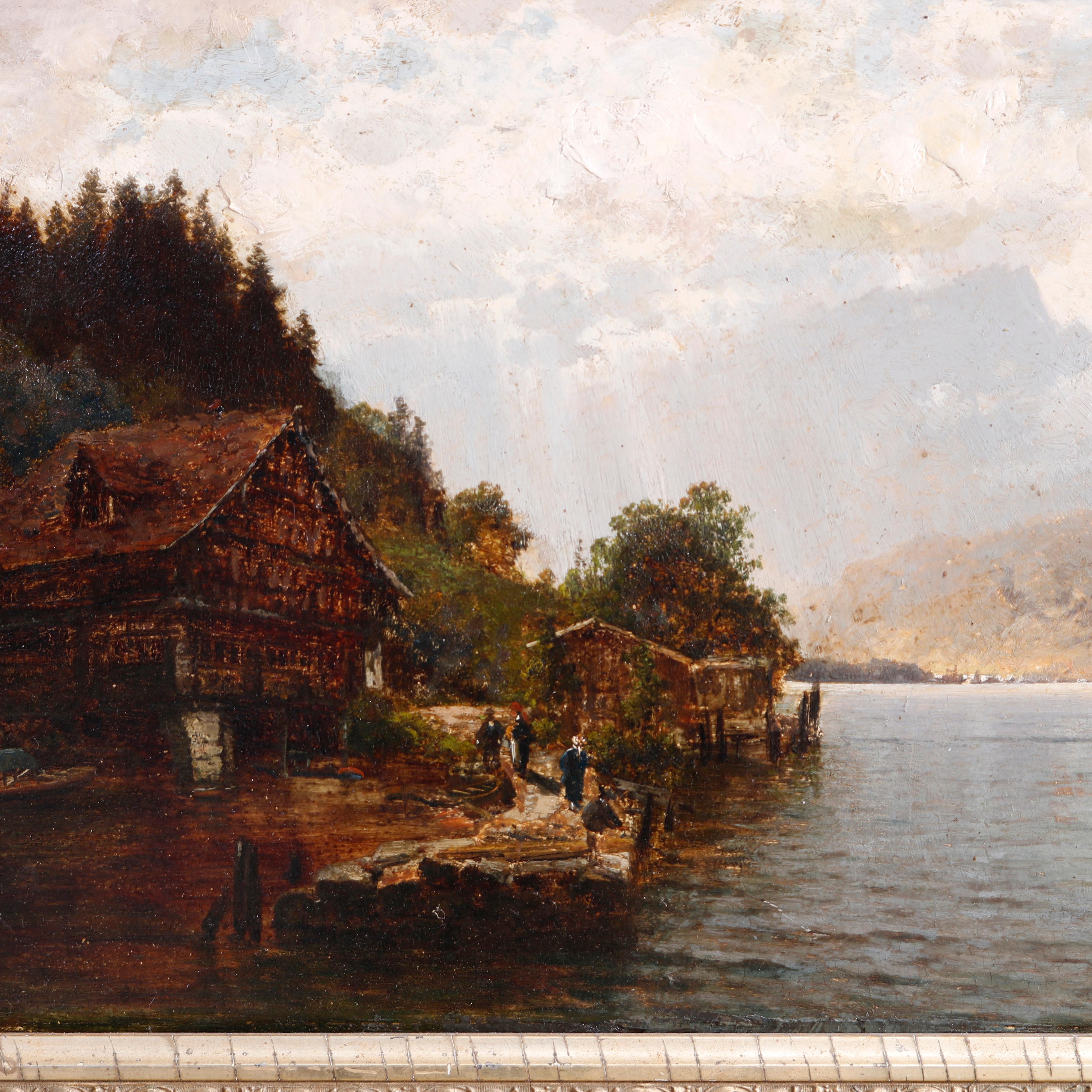 19th Century Antique Landscape Painting of Lake by Josef Schoyerer, 19th C