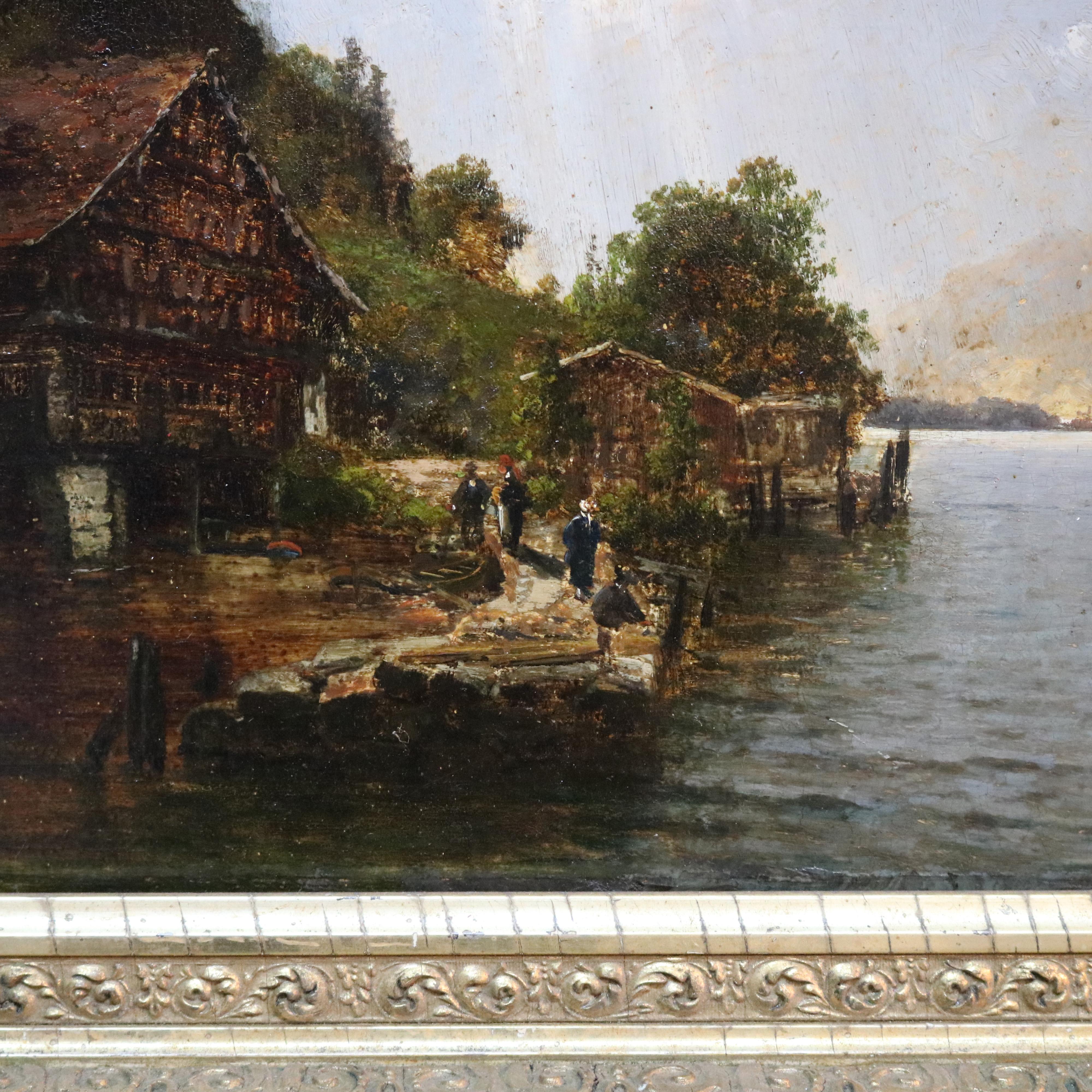 Antique Landscape Painting of Lake by Josef Schoyerer, 19th C 1