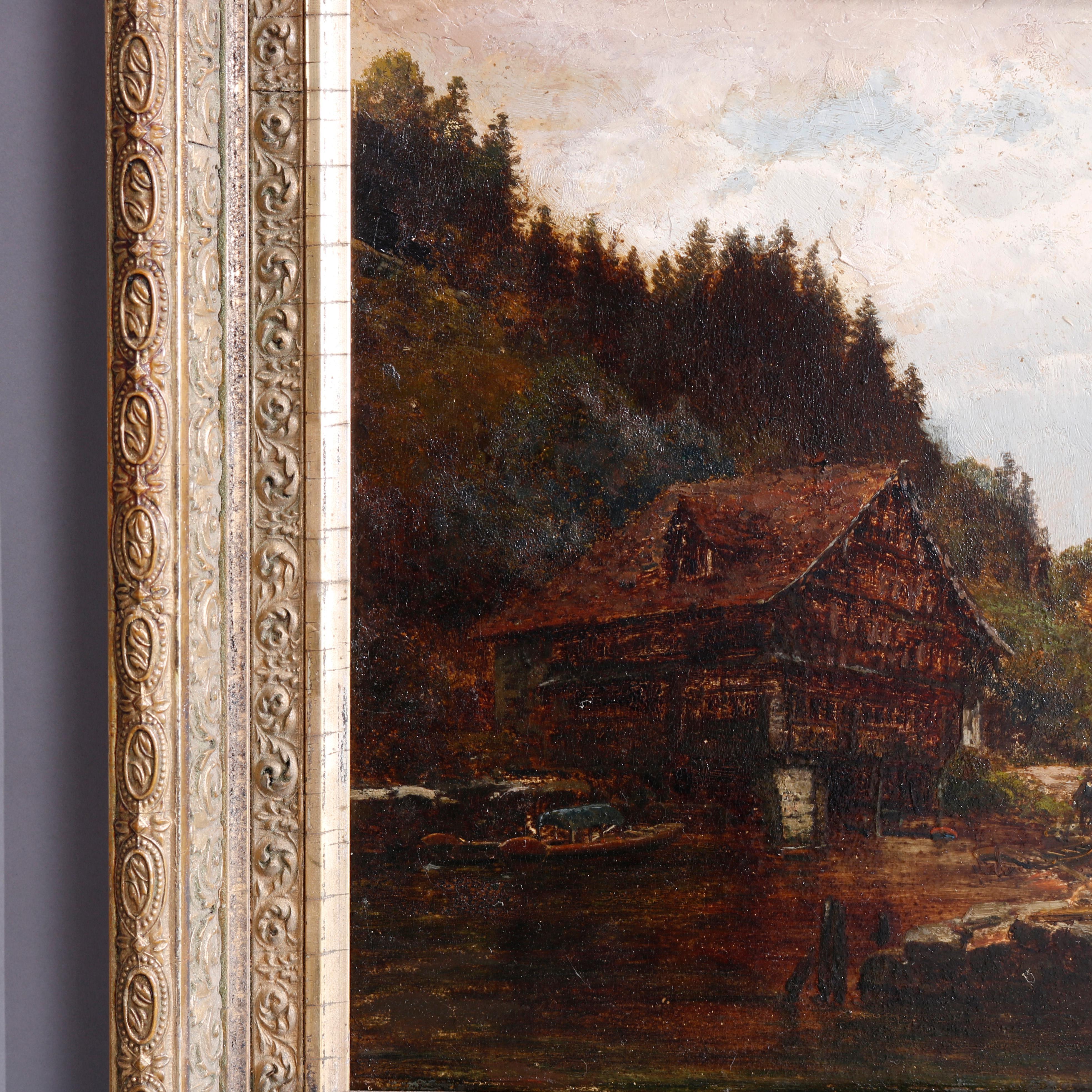 Antique Landscape Painting of Lake by Josef Schoyerer, 19th C 3