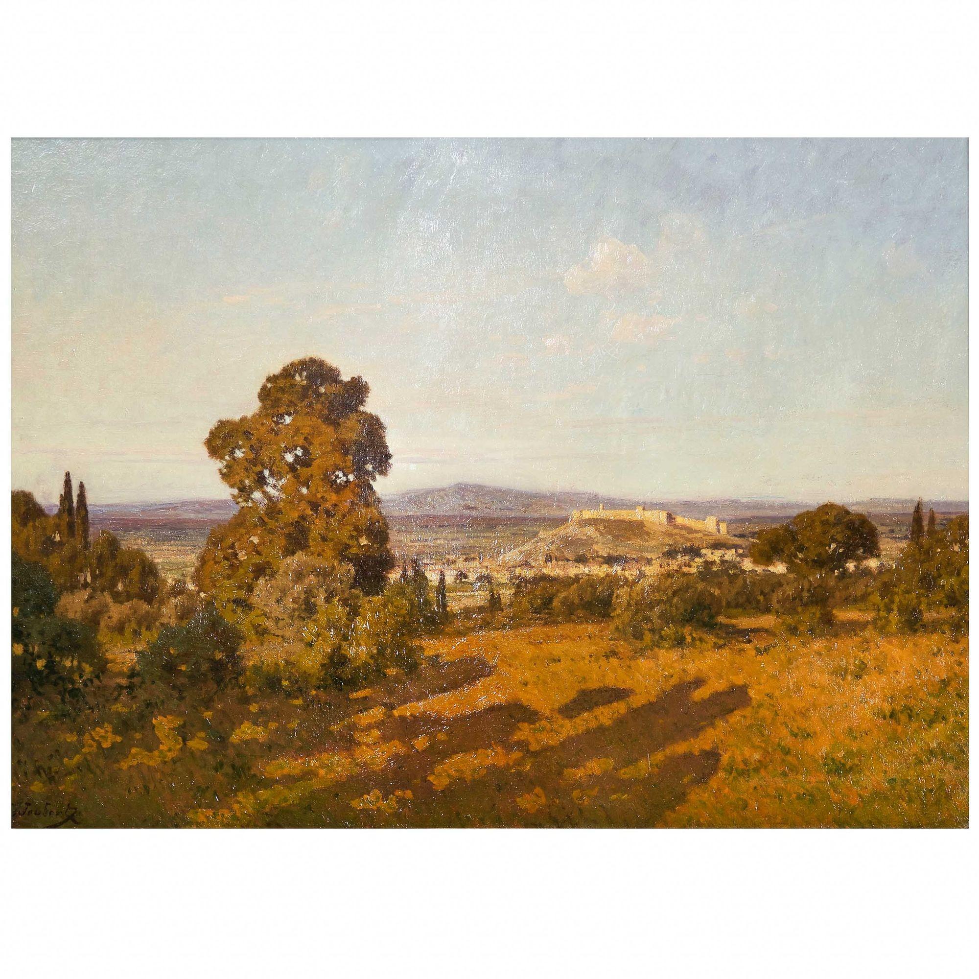 Peinture ancienne d'un paysage de Provence, France par Léon Joubert en vente