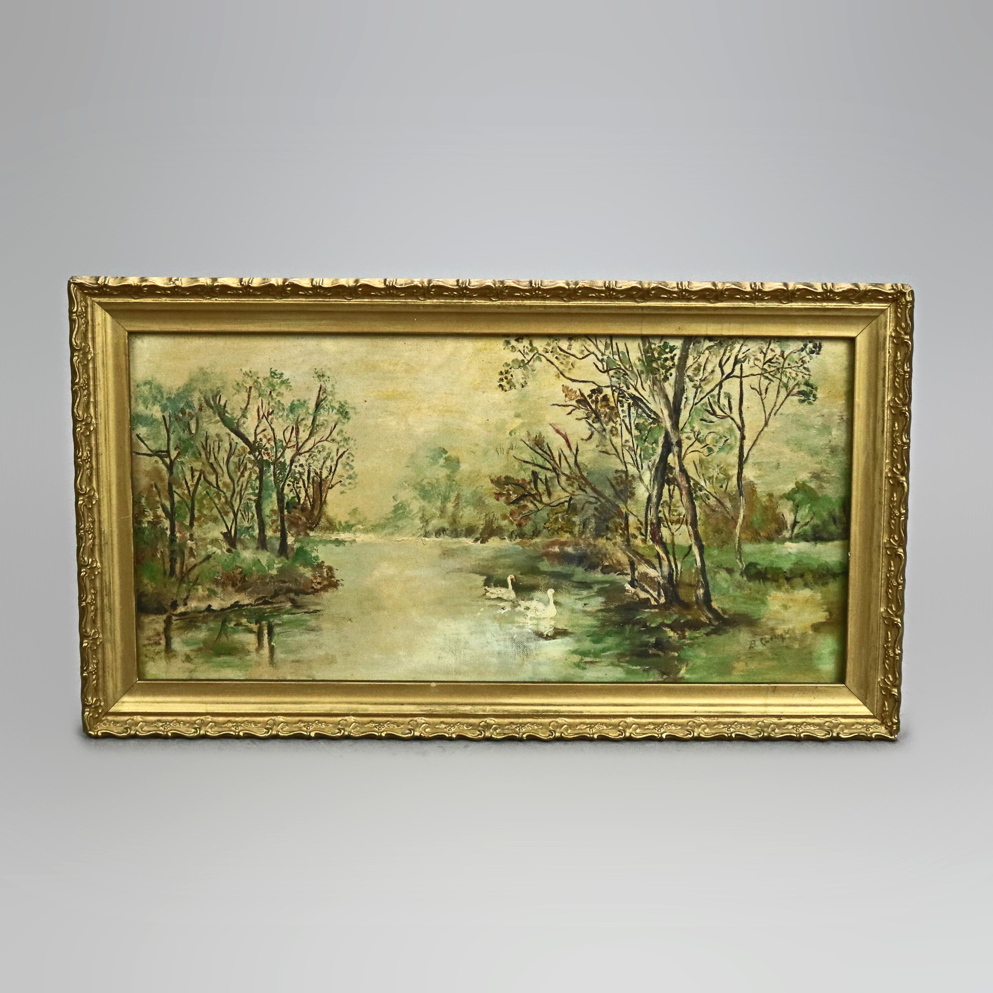 An antique landscape painting by Plough offers oil on canvas river scene, artist signed lower right, seated in giltwood frame, c1880

Measures - 9'' H x 16.5'' W x 1.5'' D; sight 15'' x 7.5''.