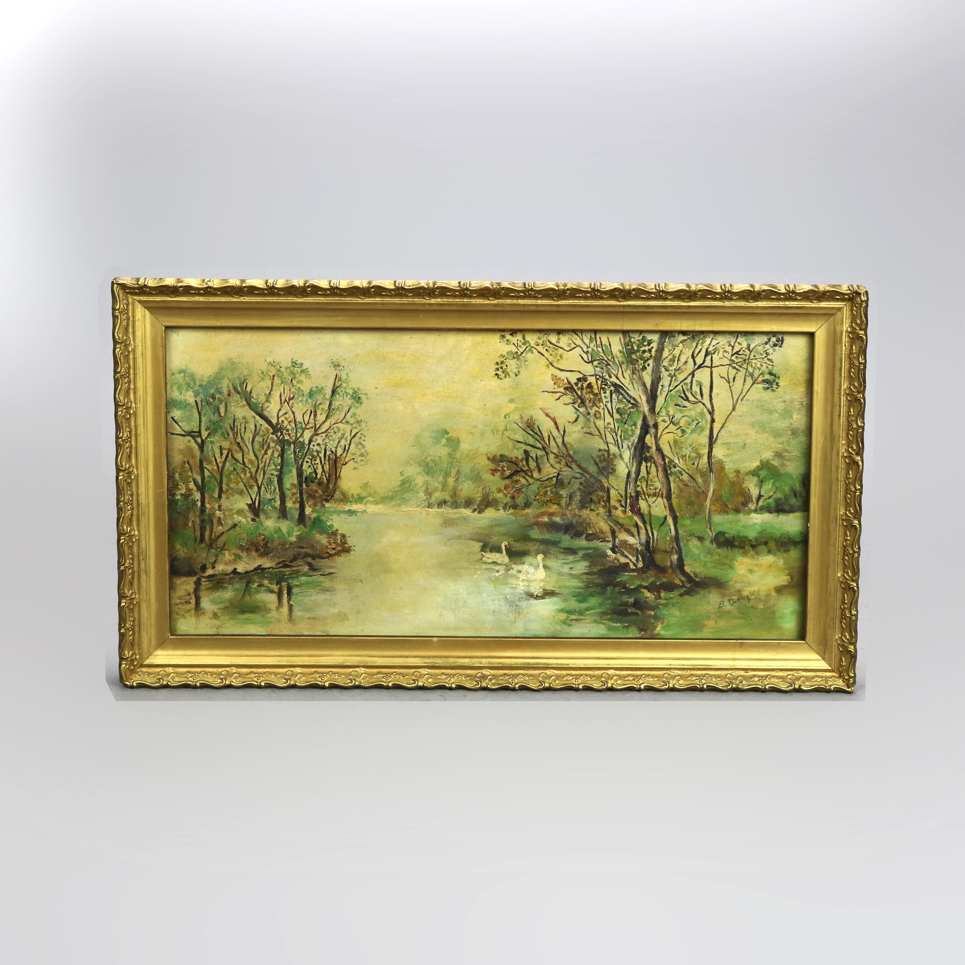 Hand-Painted Antique Landscape Painting of River Signed Plough, c1880’s