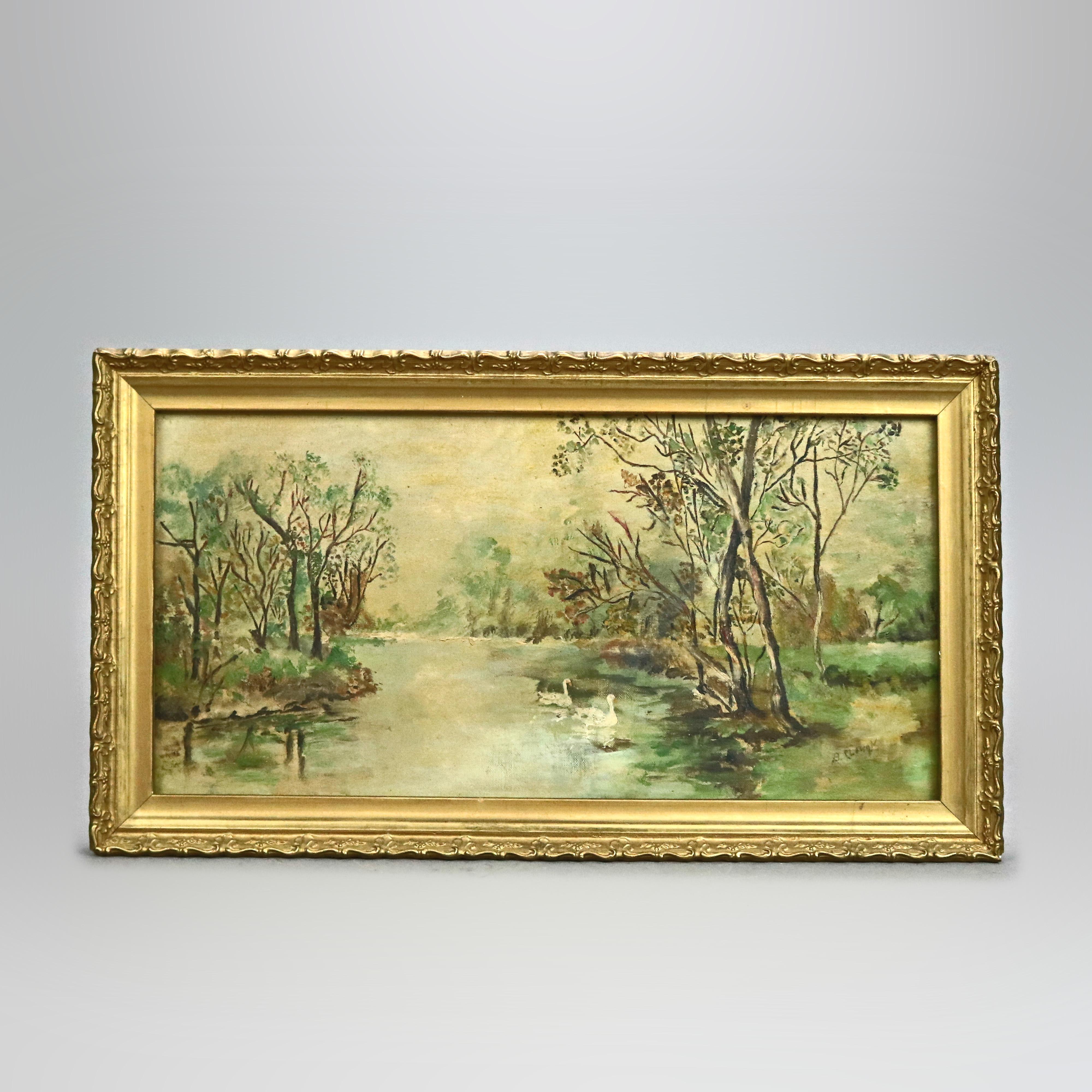 Antique Landscape Painting of River Signed Plough, c1880’s In Good Condition In Big Flats, NY