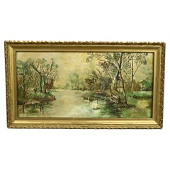 Antique Landscape Painting of River Signed Plough, c1880’s
