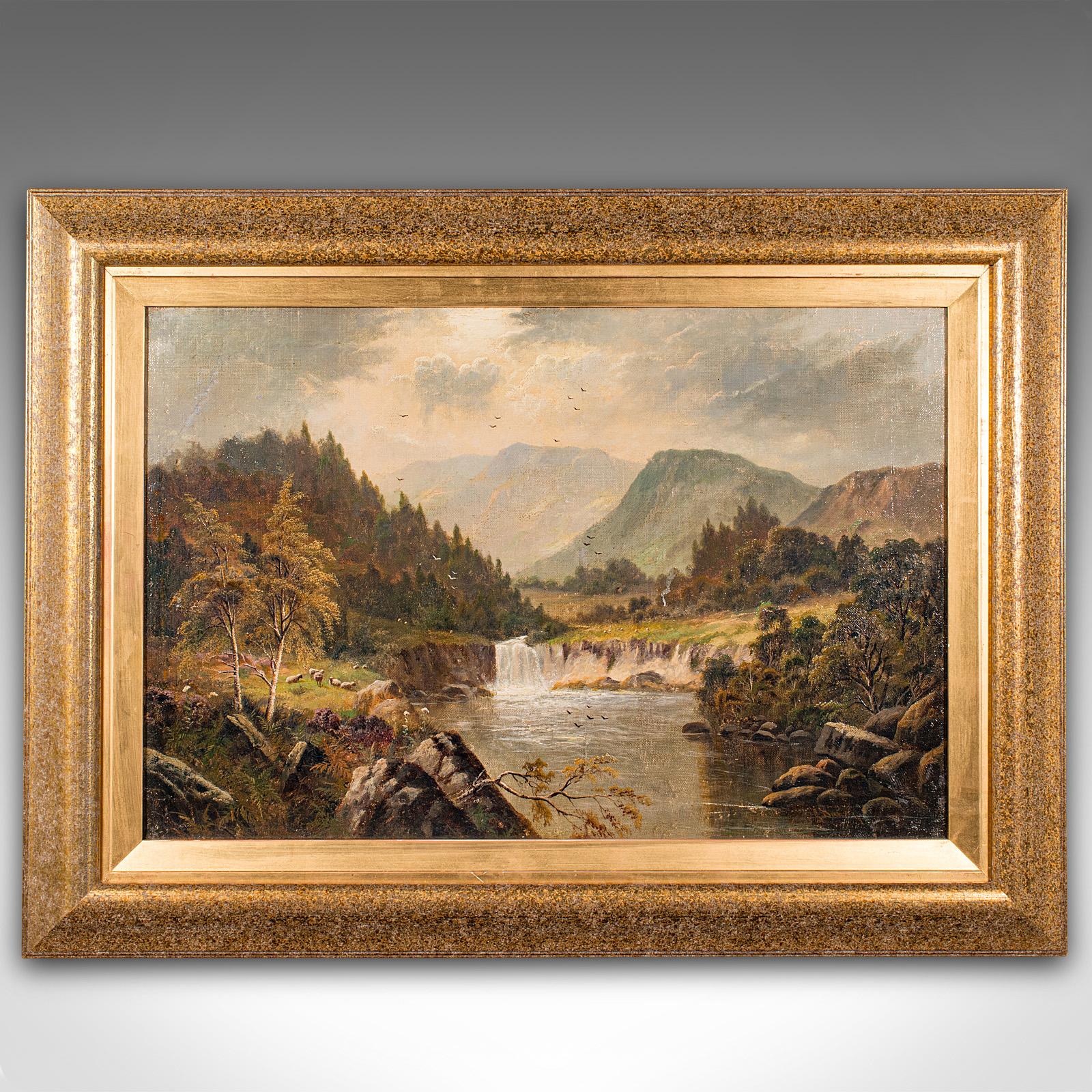 This is an antique landscape painting. A British school, original oil on canvas signed G. Dawson, dating to the late Victorian period, circa 1900.

Signed G Dawson, this fine landscape in oil is undoubtedly of the British School, with examples of