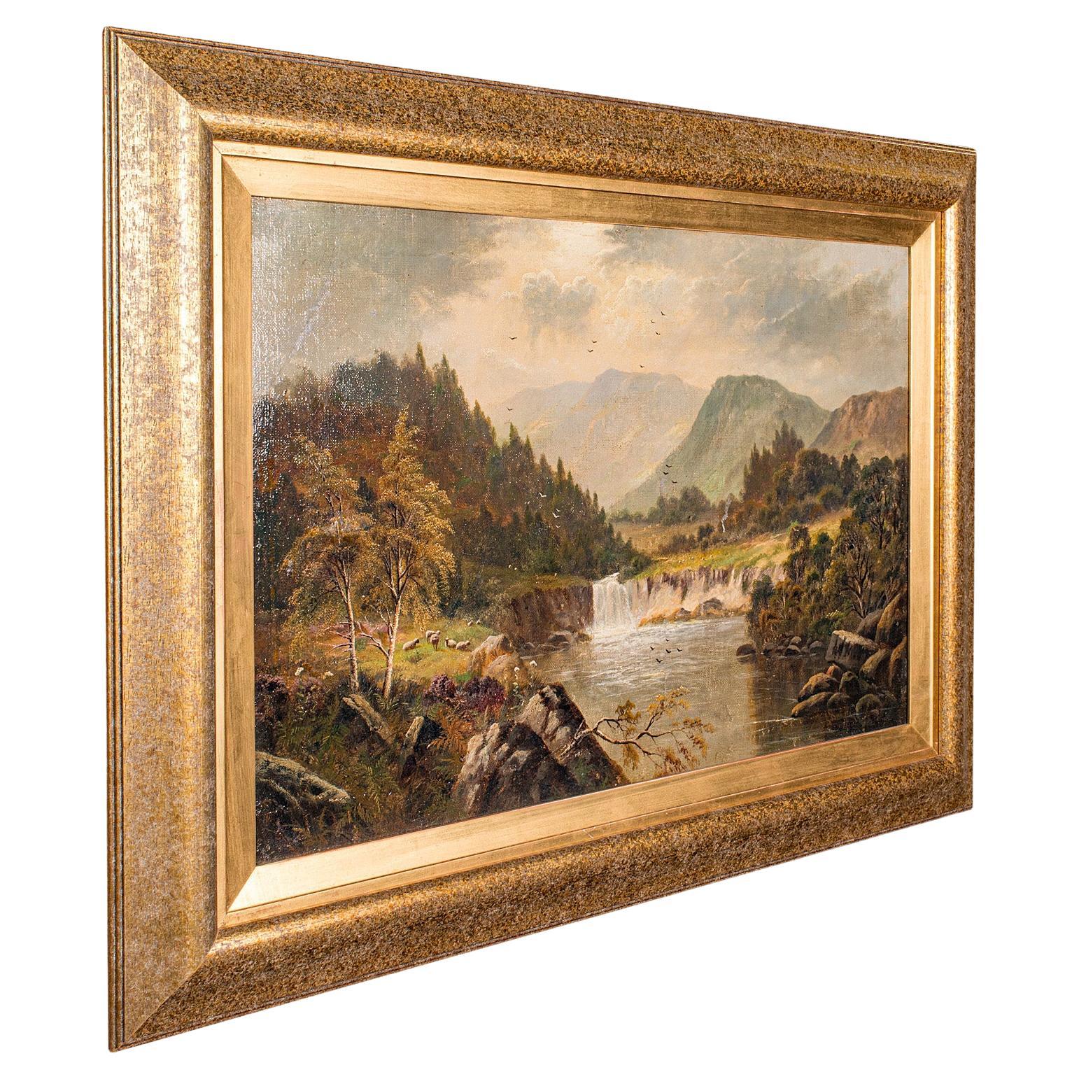 Pintura antigua de paisaje, Original, Escuela Británica, Óleo sobre lienzo, Victorian