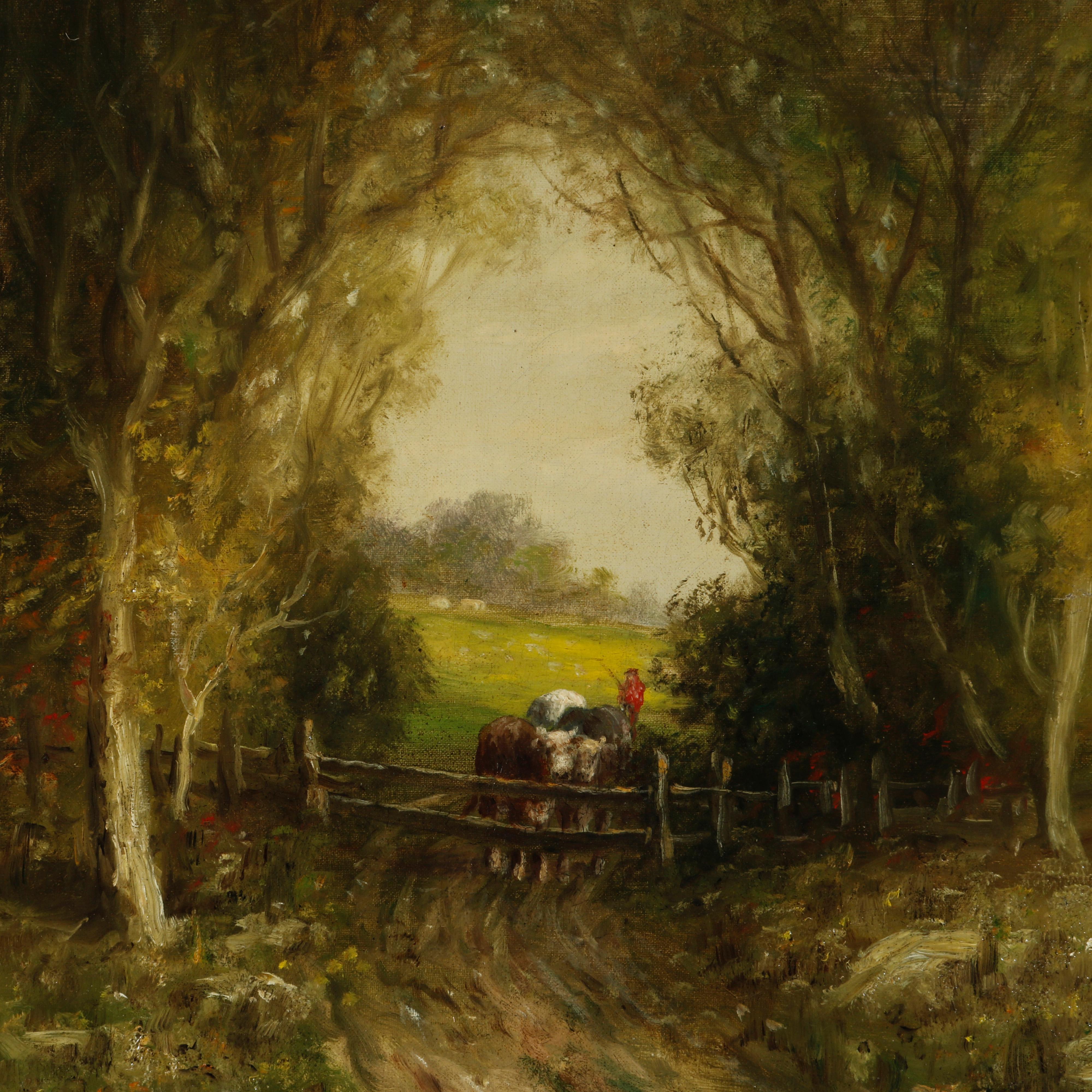 Hand-Painted Antique Landscape Painting, Pasture with Cows by Wesley Webber, 19th C