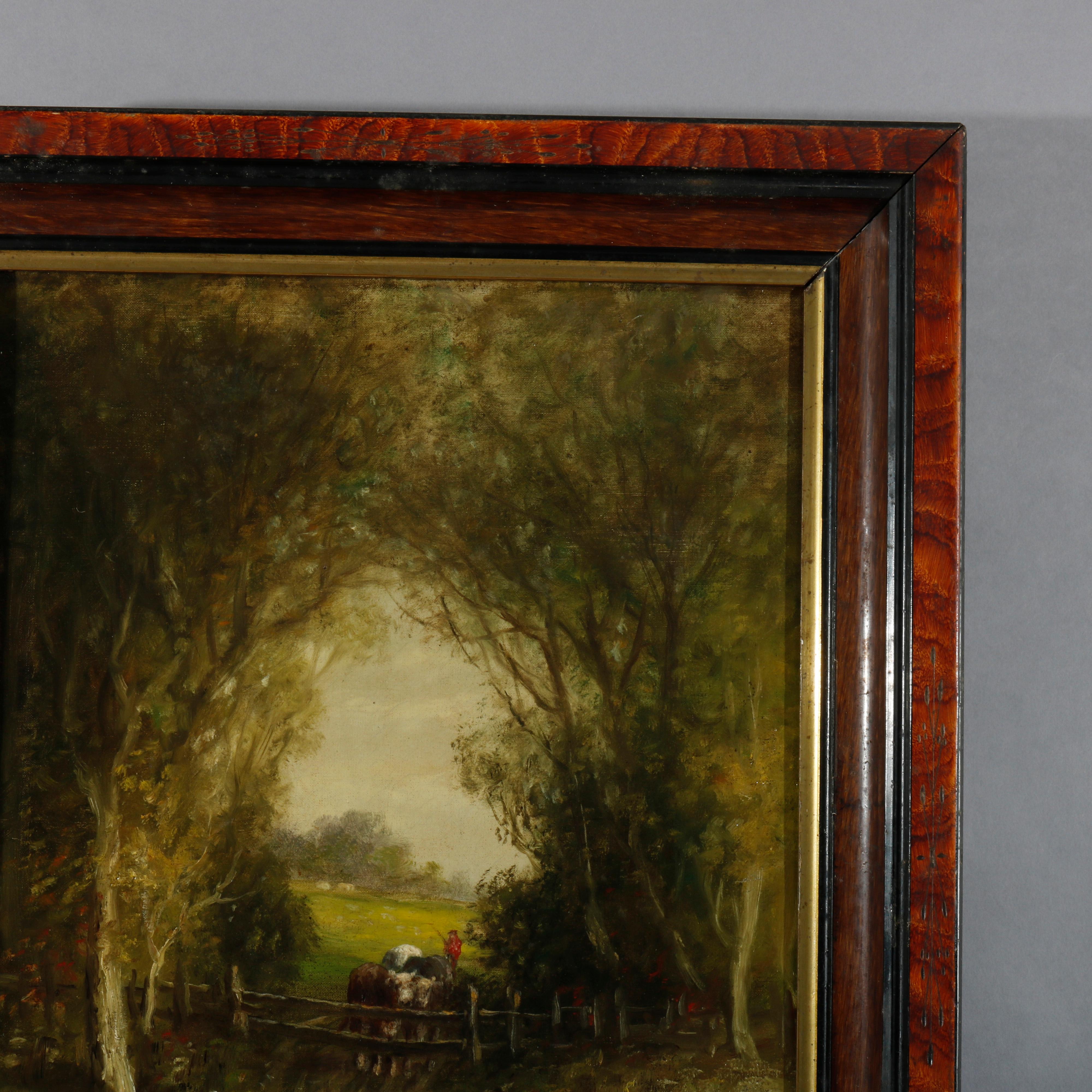 19th Century Antique Landscape Painting, Pasture with Cows by Wesley Webber, 19th C