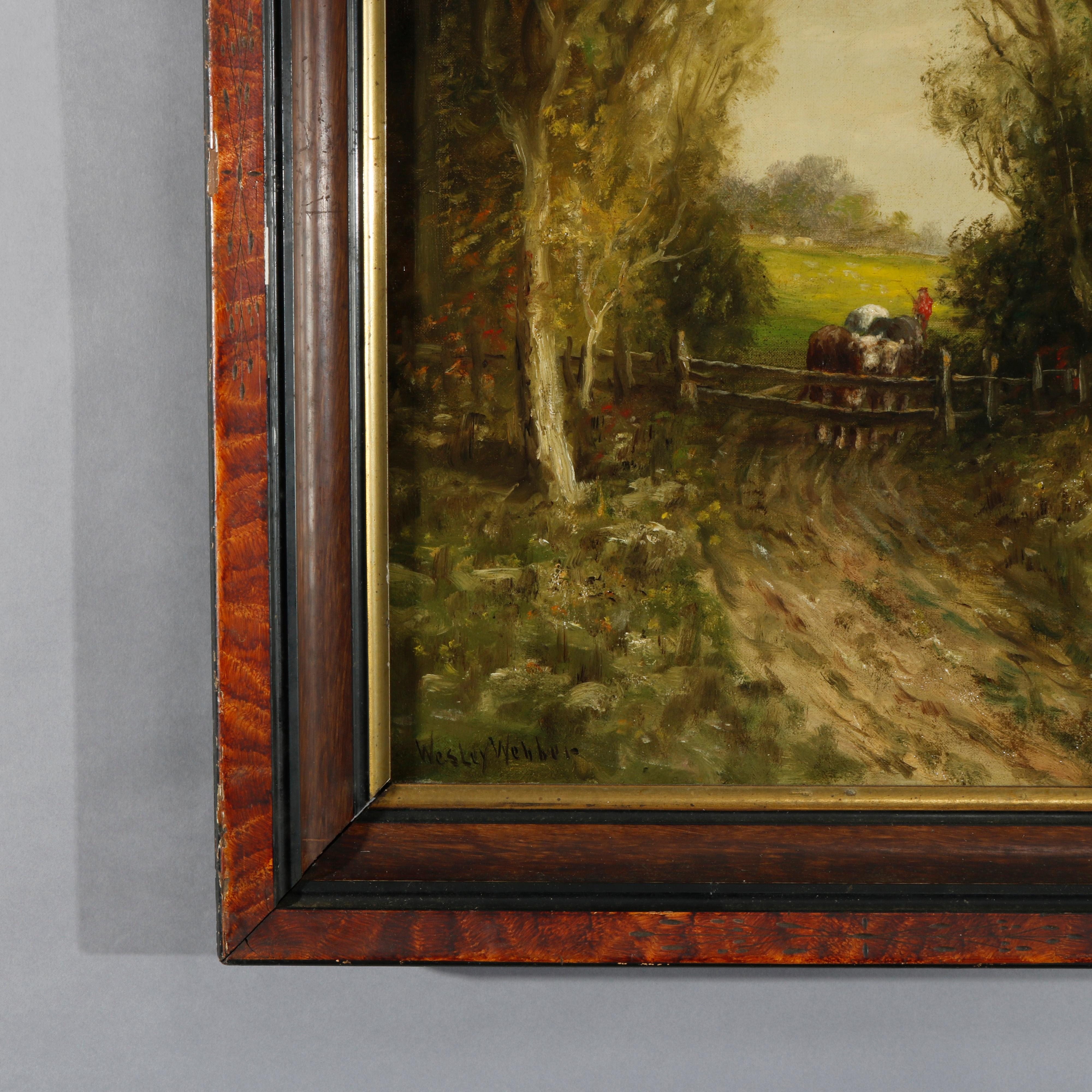 Canvas Antique Landscape Painting, Pasture with Cows by Wesley Webber, 19th C
