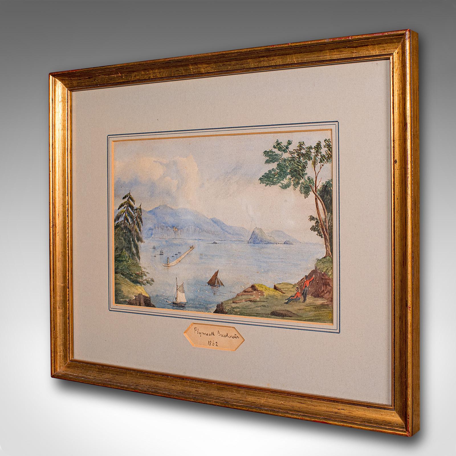 Pintura antigua de paisaje, Rompeolas de Plymouth, Acuarela enmarcada, Victoriana Victoriano en venta