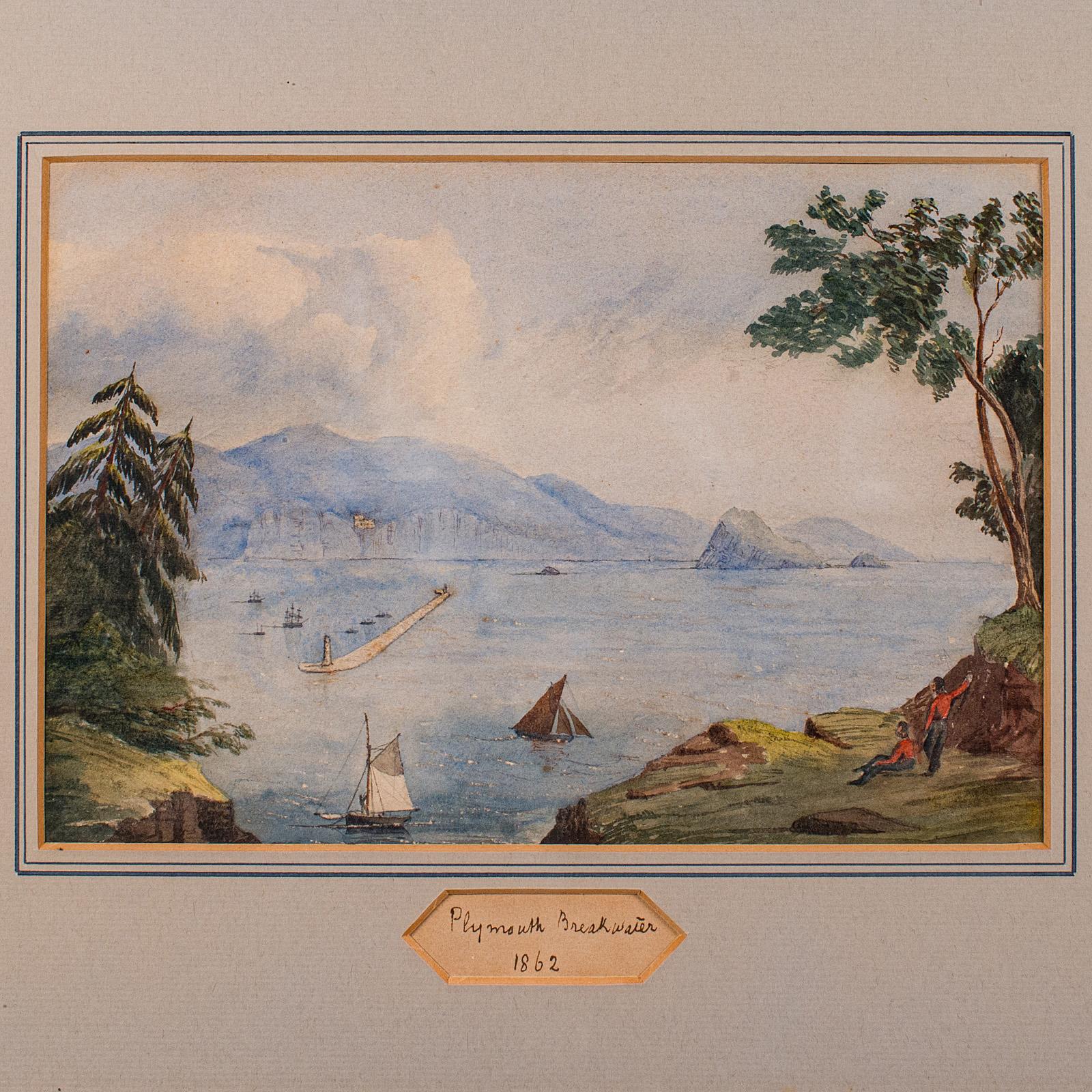 Pintura antigua de paisaje, Rompeolas de Plymouth, Acuarela enmarcada, Victoriana Británico en venta