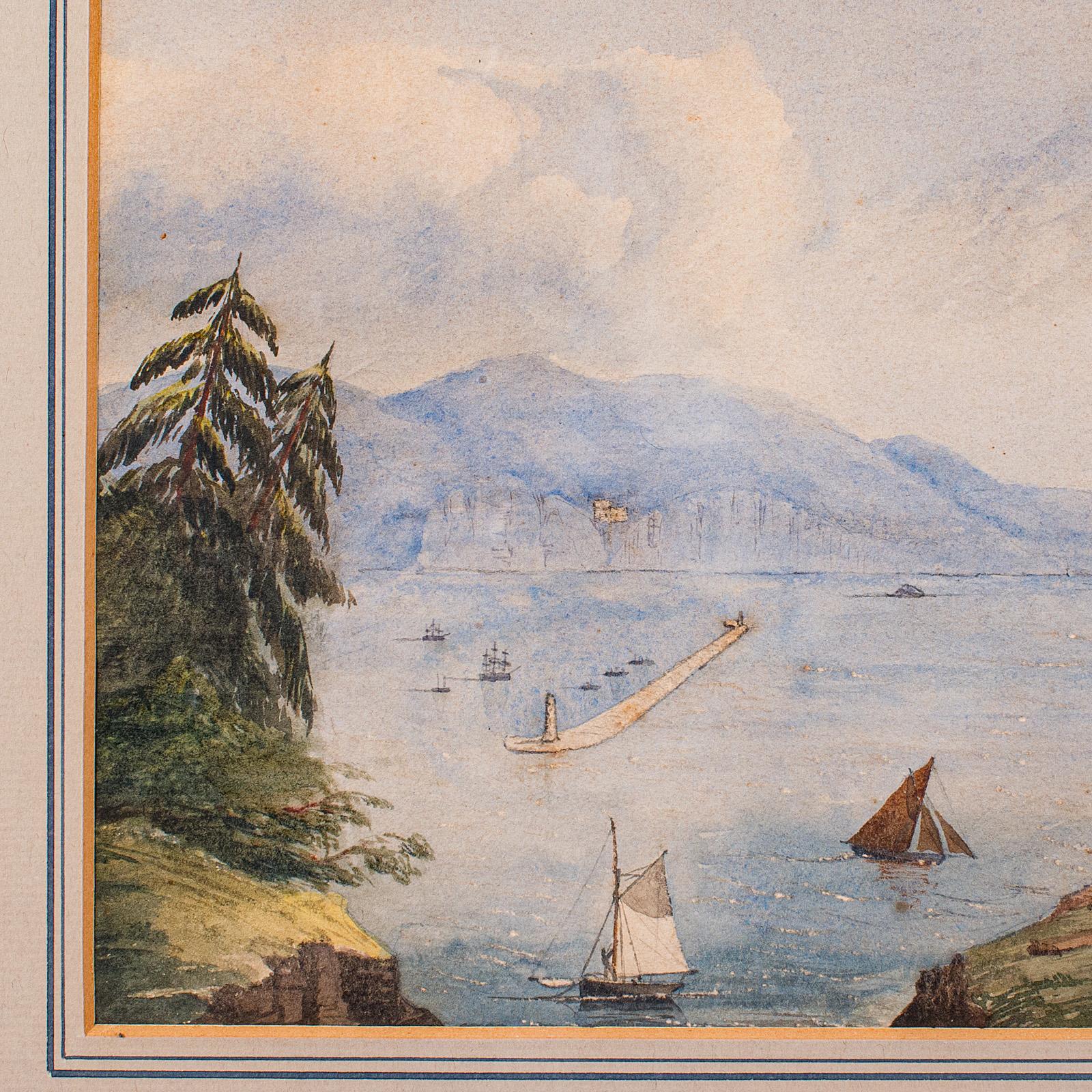 Pintura antigua de paisaje, Rompeolas de Plymouth, Acuarela enmarcada, Victoriana en Bueno estado para la venta en Hele, Devon, GB