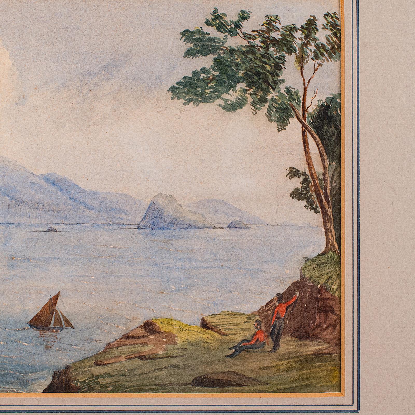 Pintura antigua de paisaje, Rompeolas de Plymouth, Acuarela enmarcada, Victoriana siglo XIX en venta