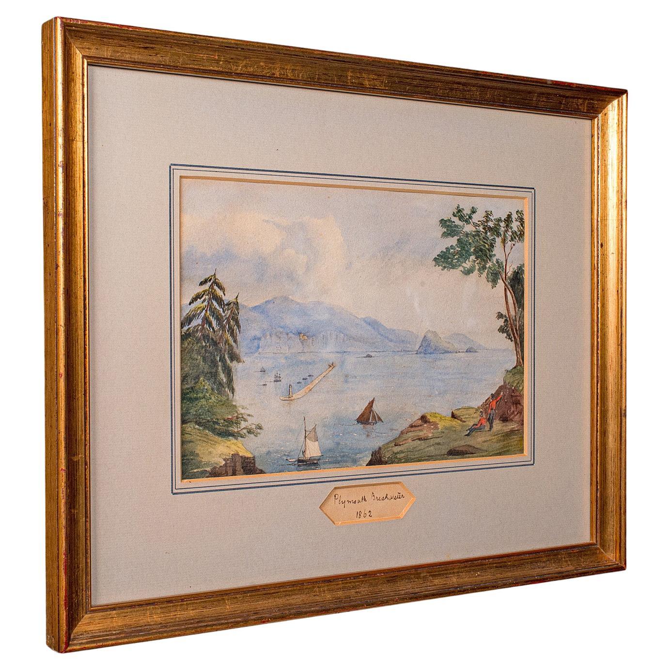 Pittura antica di paesaggio, frangiflutti di Plymouth, acquerello incorniciato, epoca vittoriana