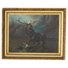 Antique Landscape Painting with an Elk & Wolves Circa 1890