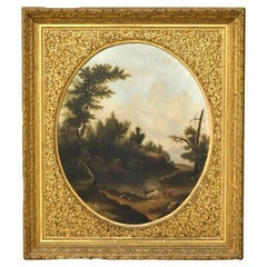 Antique Landscape Painting with Cows in Giltwood Frame, 19th C