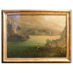 Antique Landscape Painting with Gilt Frame, 1950s, Italy