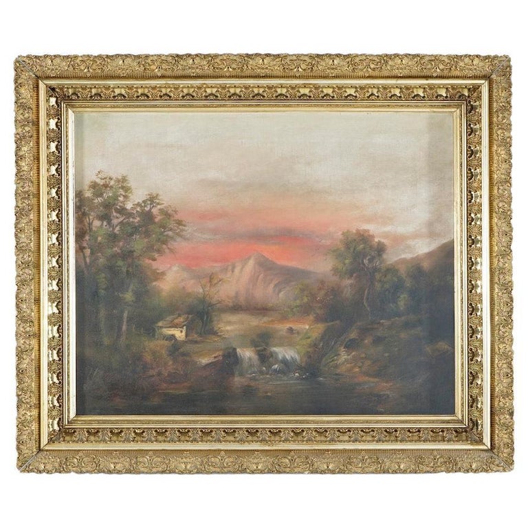 Antique Landscape Painting with Mountain River, Cabin, and Sunset ...