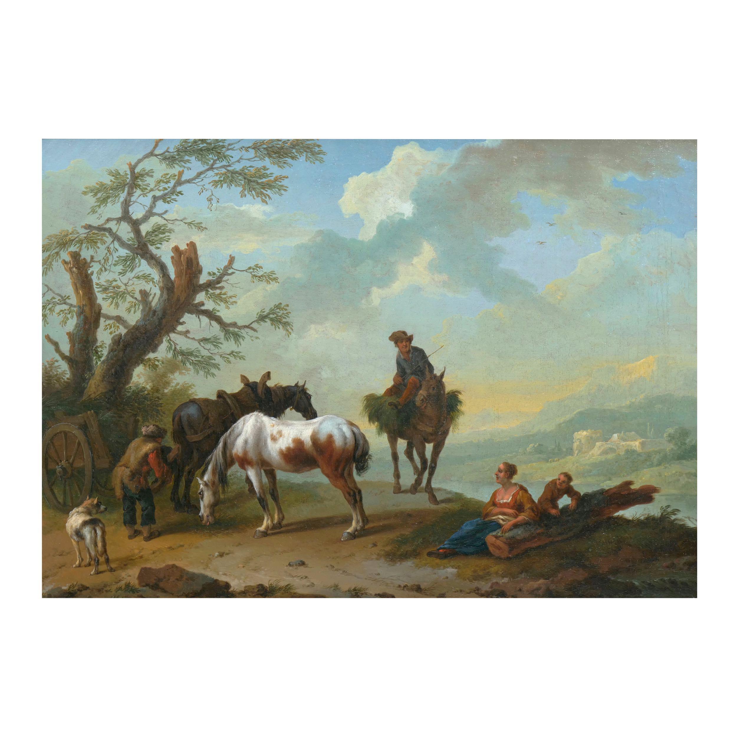 Romantique Paire de peintures de paysages antiques attribuées à Pieter van Bloemen, 18ème siècle en vente