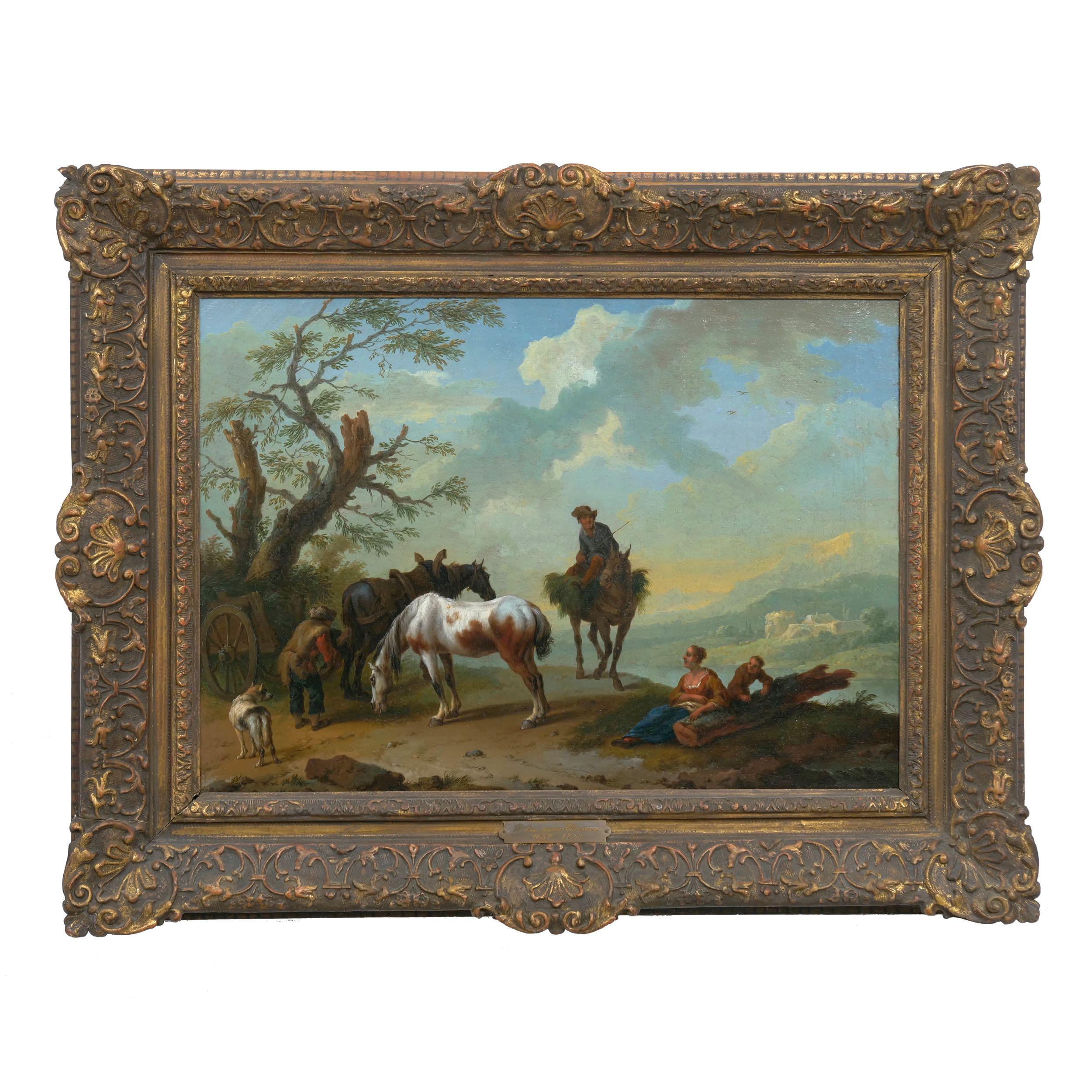 Huilé Paire de peintures de paysages antiques attribuées à Pieter van Bloemen, 18ème siècle en vente