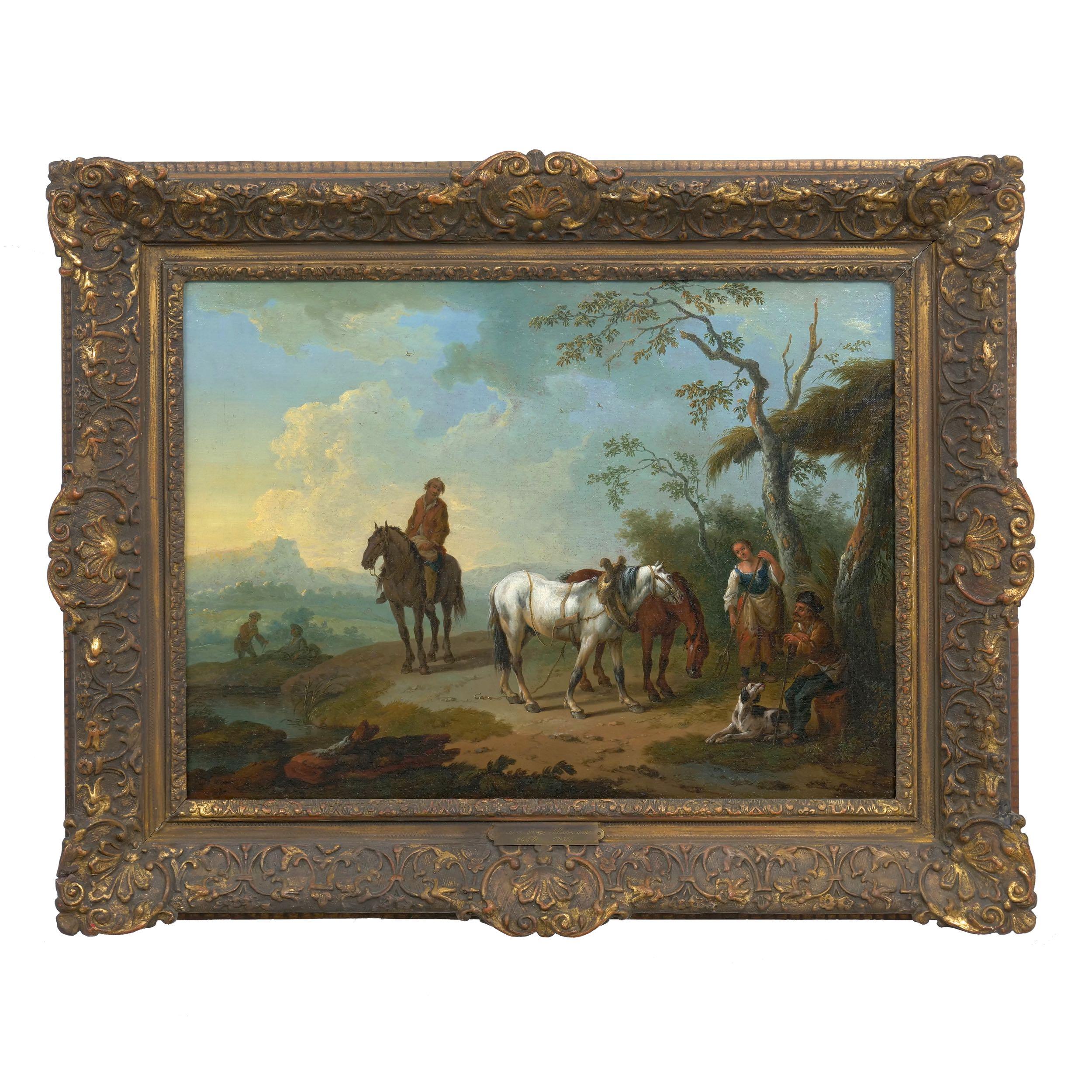 Oiled Antique Landscape Paintings Attributed to Pieter van Bloemen, 18th Century, Pair For Sale