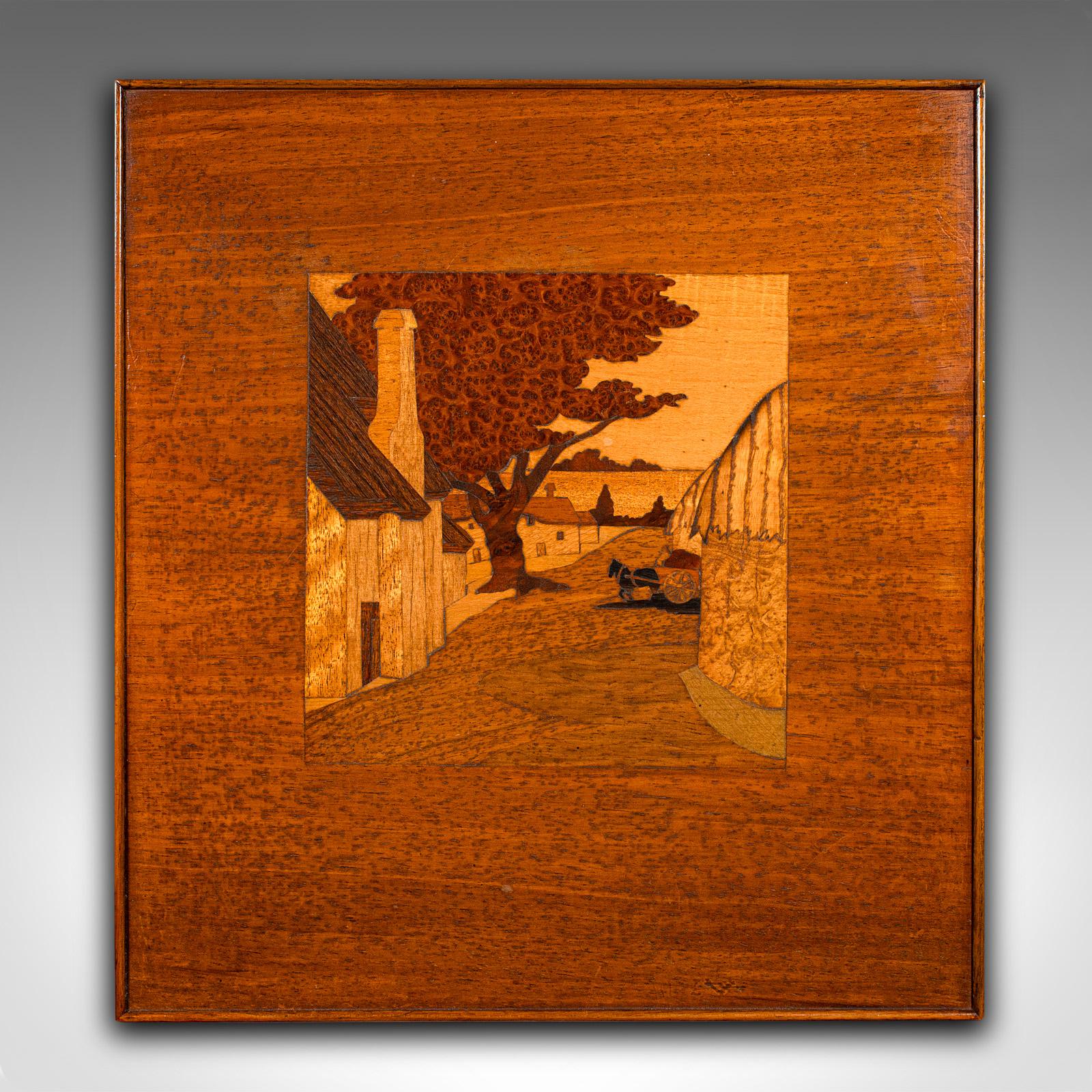 This is an antique landscape panel. An English, mahogany, oak and burr walnut marquetry farmyard scene, dating to the Edwardian period, circa 1910.

Charming inlaid landscape scene of a traditional farmyard
Displaying a desirable aged patina and in
