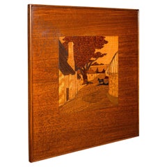 Antiguo Panel de Paisaje, Inglés, Marquetería, Escena de Granja, Eduardiano, C.1910