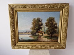 Antique Landscape River Oil Painting 19th Century Signed Lambert