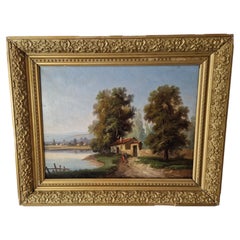 Antique Landscape River Oil Painting 19th Century Signed Lambert