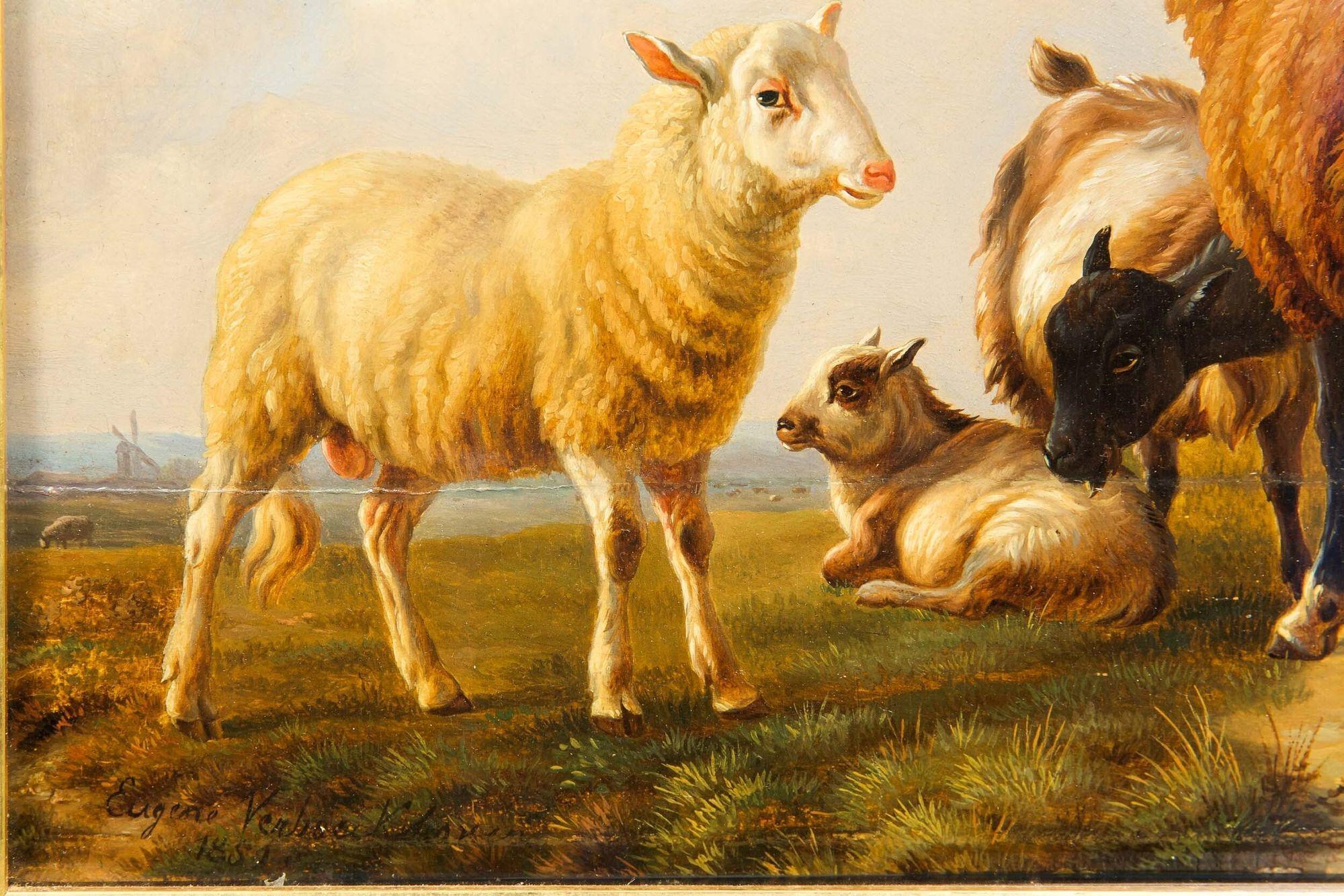 Antique Landscape “Sheep and Goats” by Eugene Verboeckhoven circa 1859 In Good Condition For Sale In Shippensburg, PA