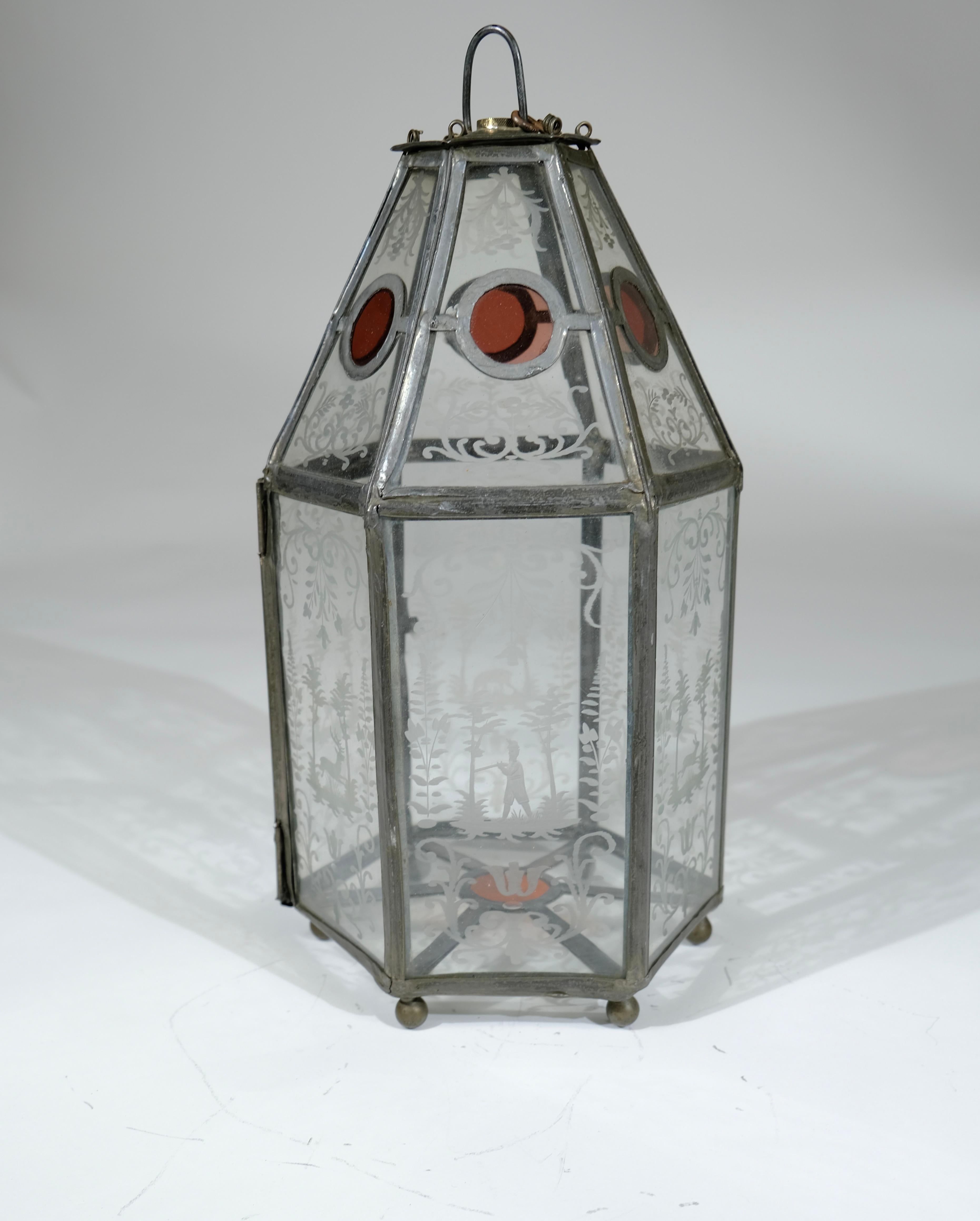 Antique lantern with engraved glass plates, 19th c.  4