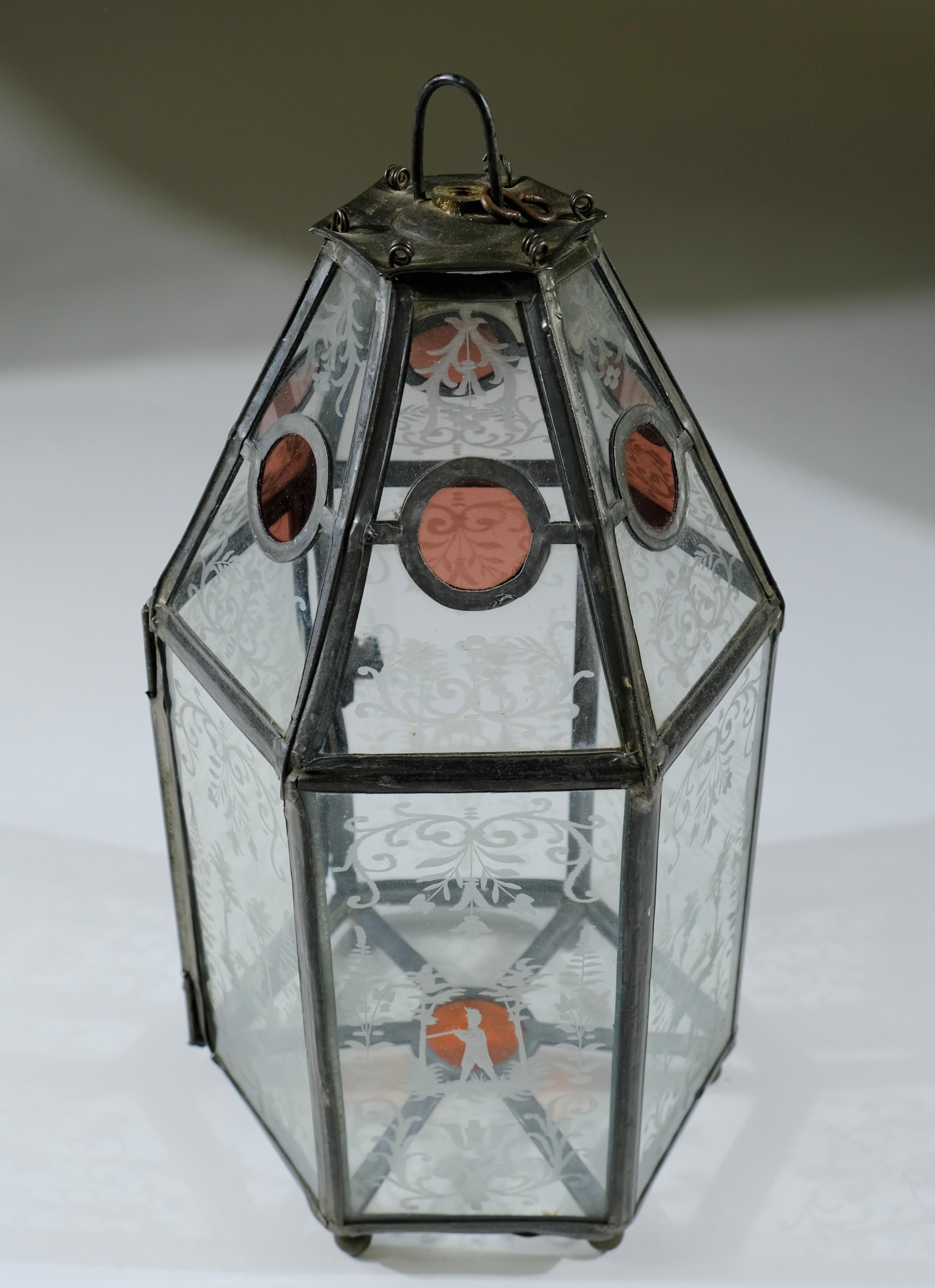 German Antique lantern with engraved glass plates, 19th c. 