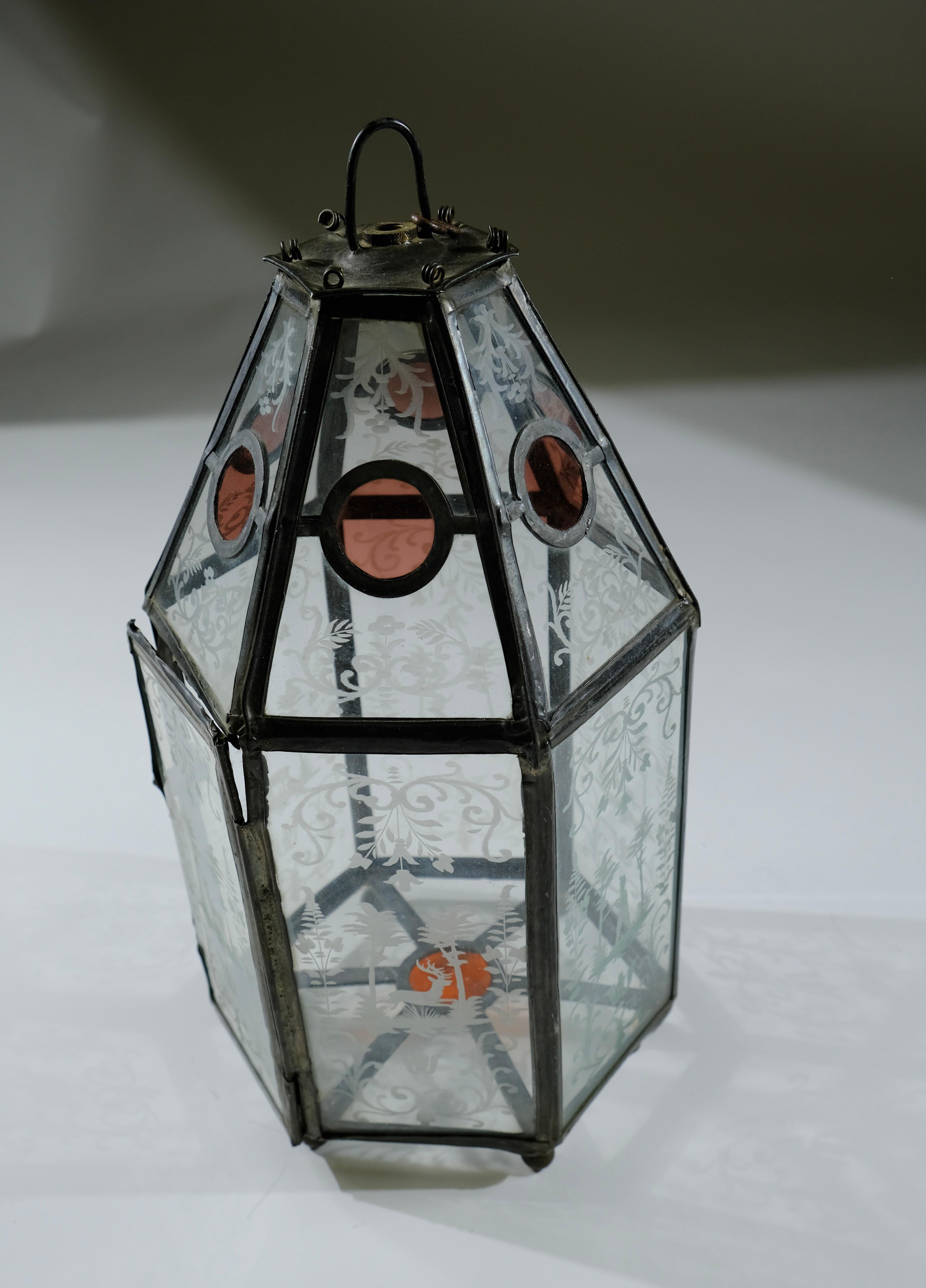 Antique lantern with engraved glass plates, 19th c.  In Good Condition In Stockholm, SE