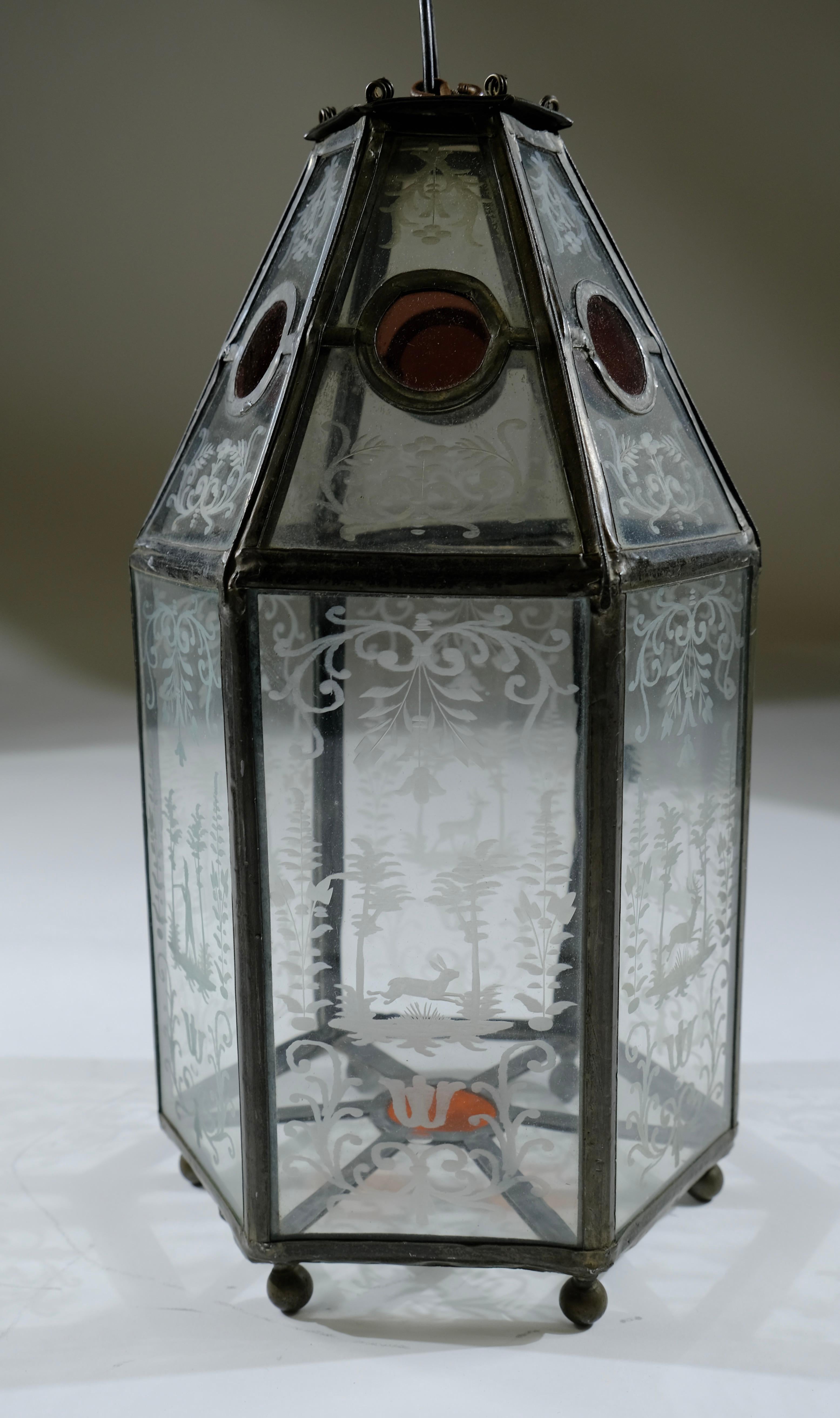 19th Century Antique lantern with engraved glass plates, 19th c. 
