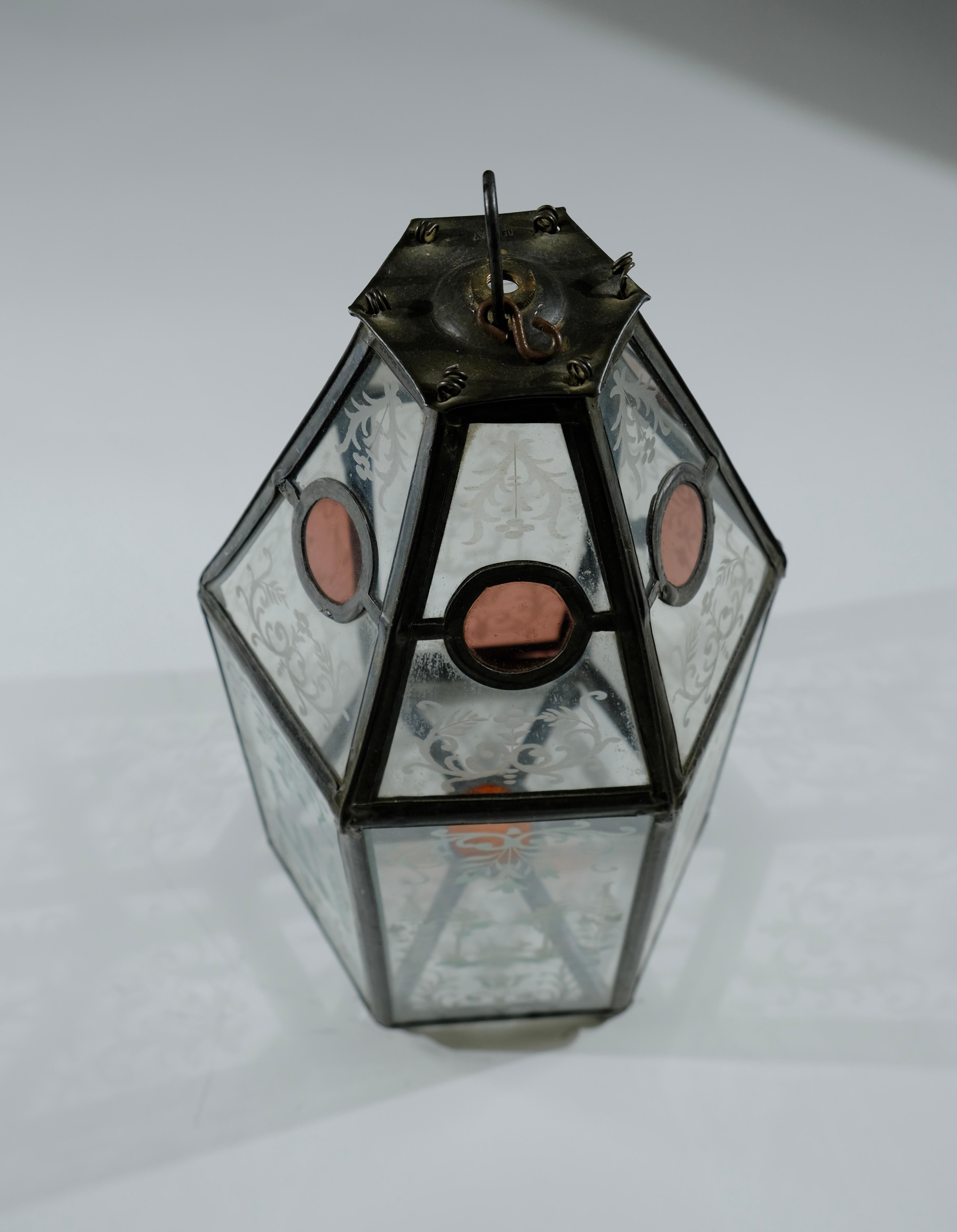 Glass Antique lantern with engraved glass plates, 19th c. 