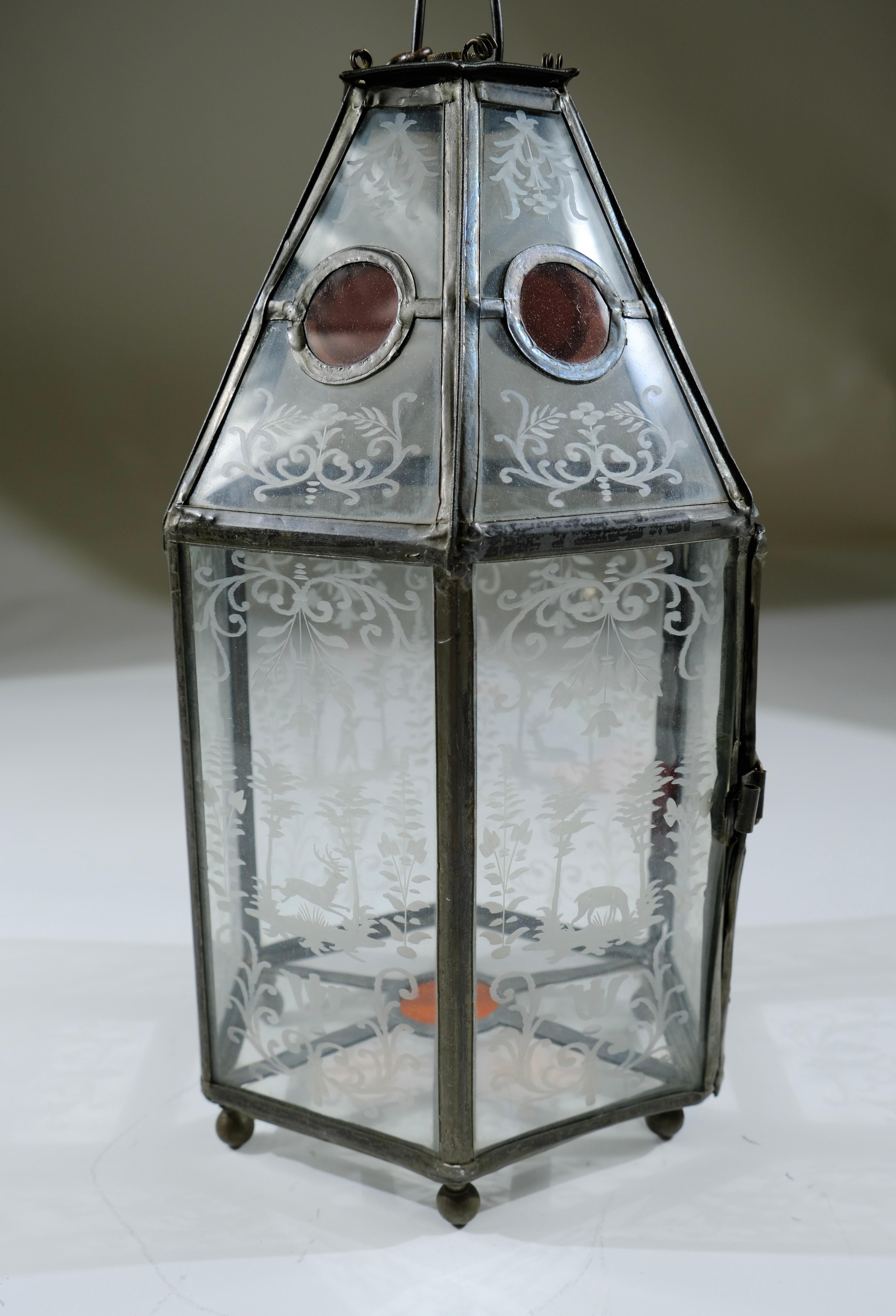 Antique lantern with engraved glass plates, 19th c.  2